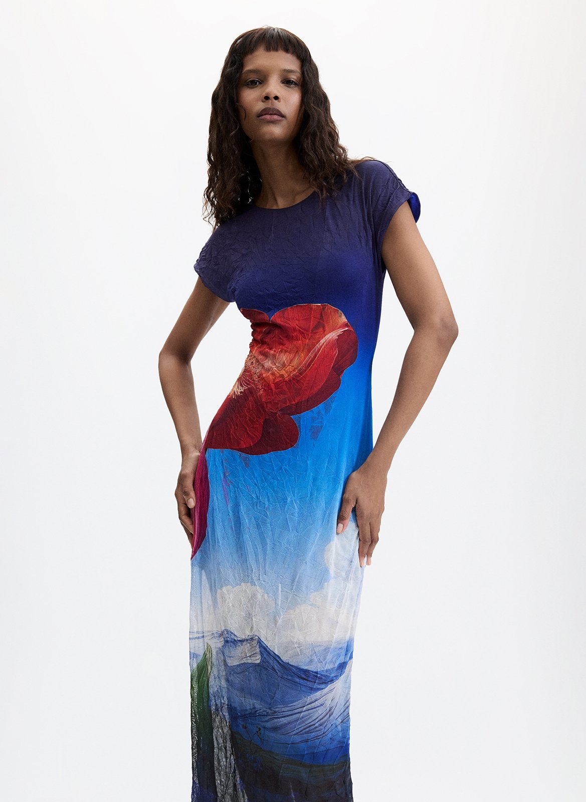 Robe longue imprimée col rond DESIGUAL Bleu