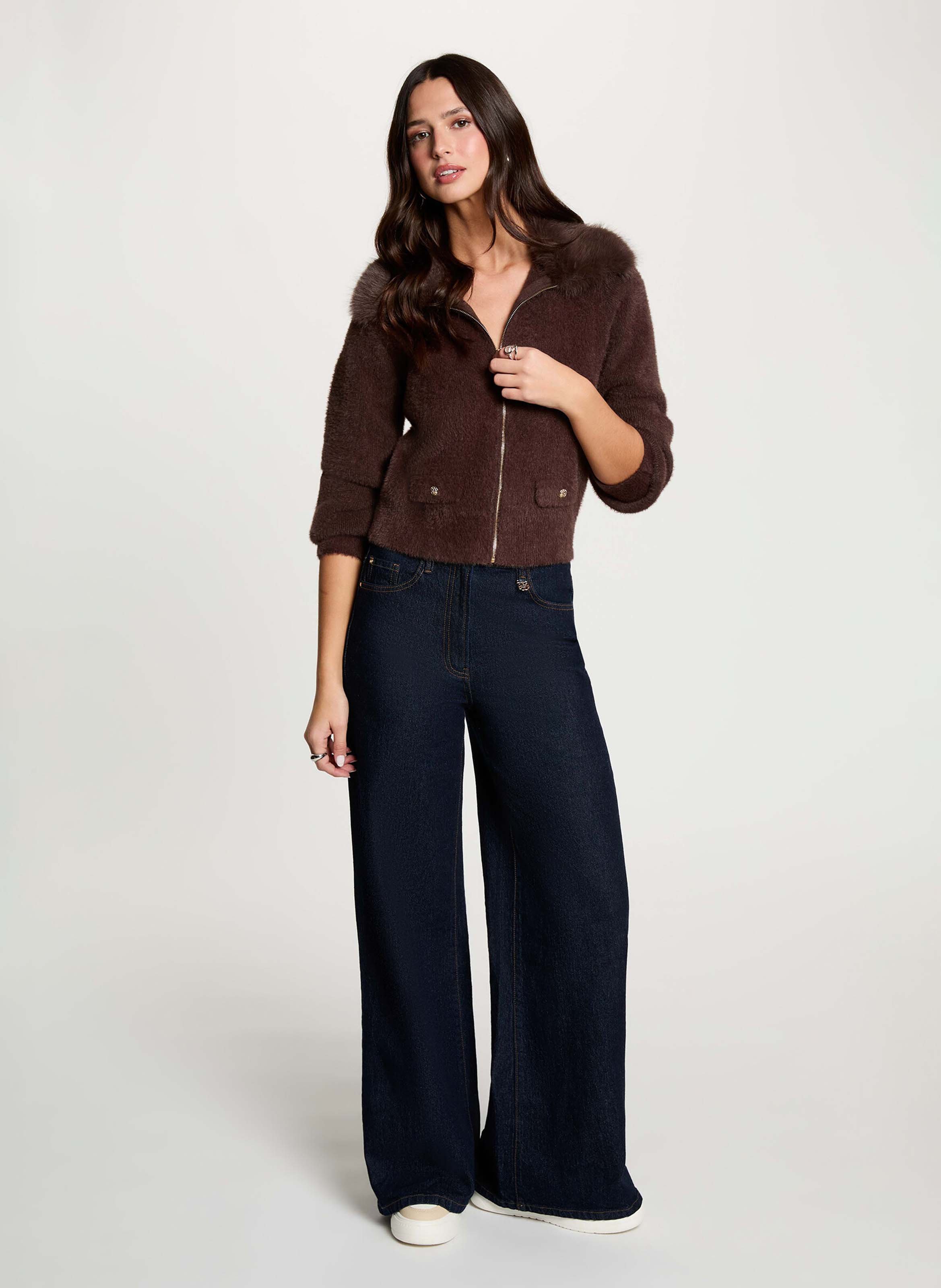 Gebreid vest met ritssluiting en kraag met bontlook MORGAN Bruin