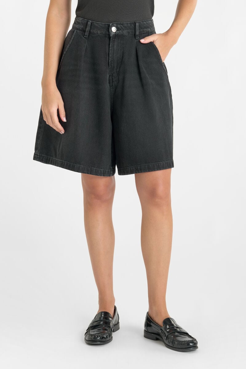 High-waisted zip-front denim Bermuda shorts LE TEMPS DES CERISES Black