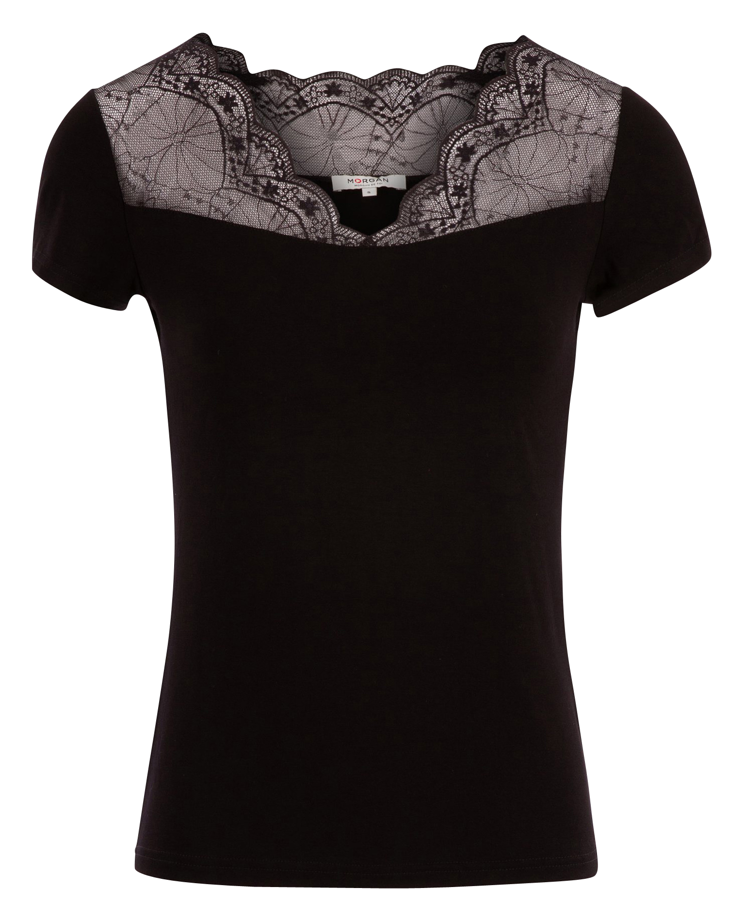 T-Shirt mit V-Ausschnitt und Spitzeneinsatz MORGAN Schwarz