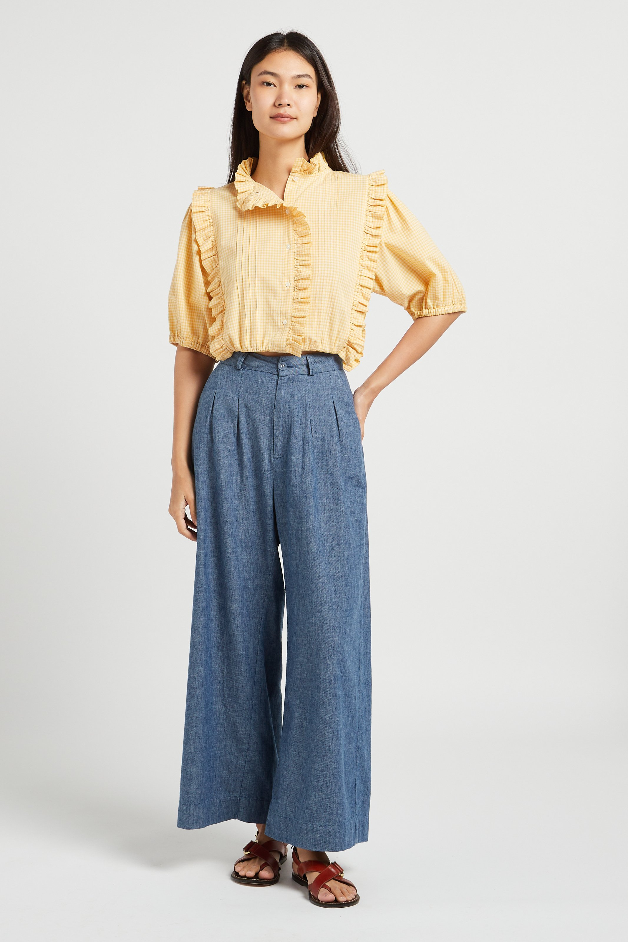 High-neck cotton blouse with ruffles EMILE ET IDA Yellow