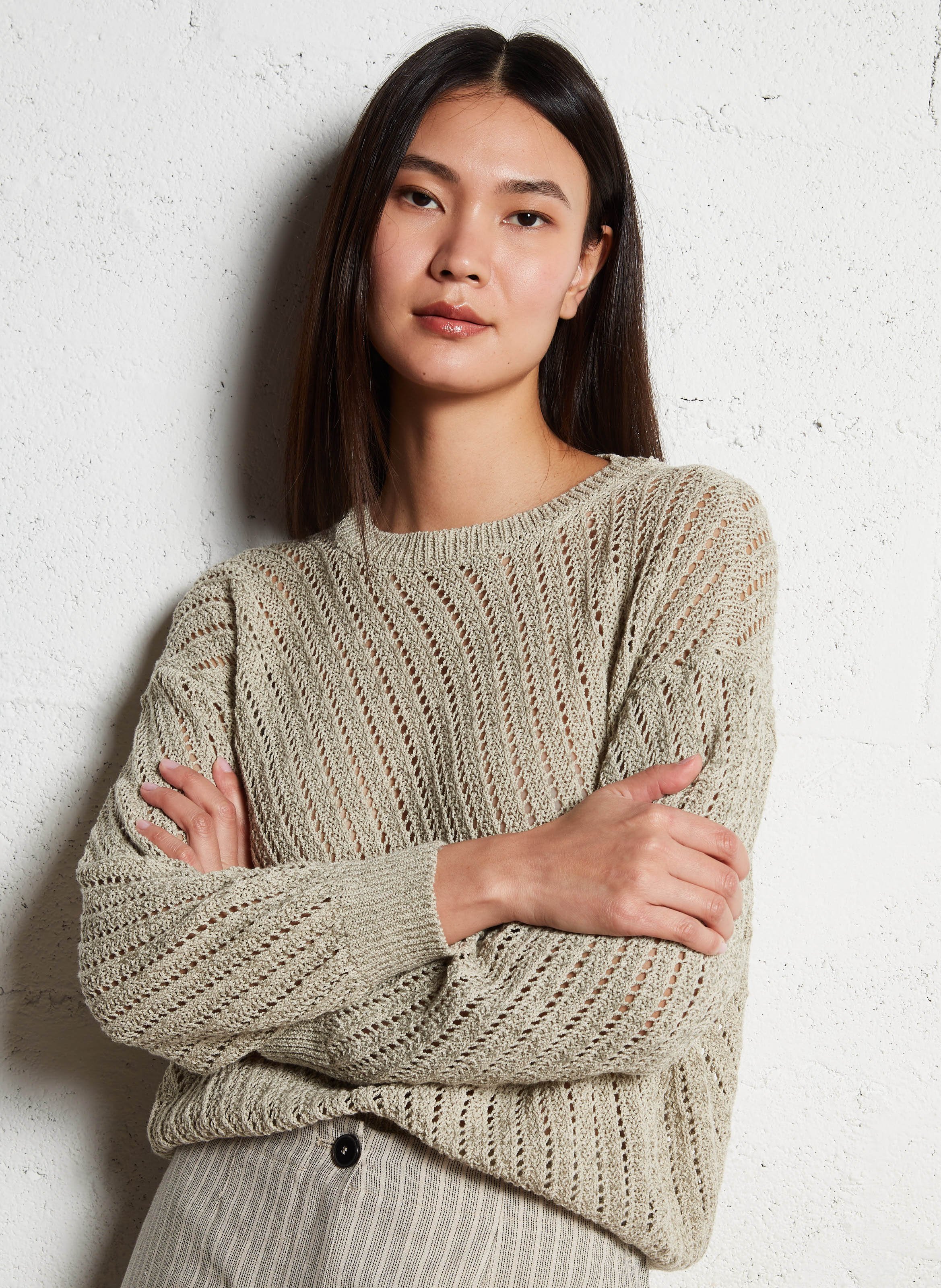 Pull ajouré en coton et lin mélangés POMANDERE Blanc