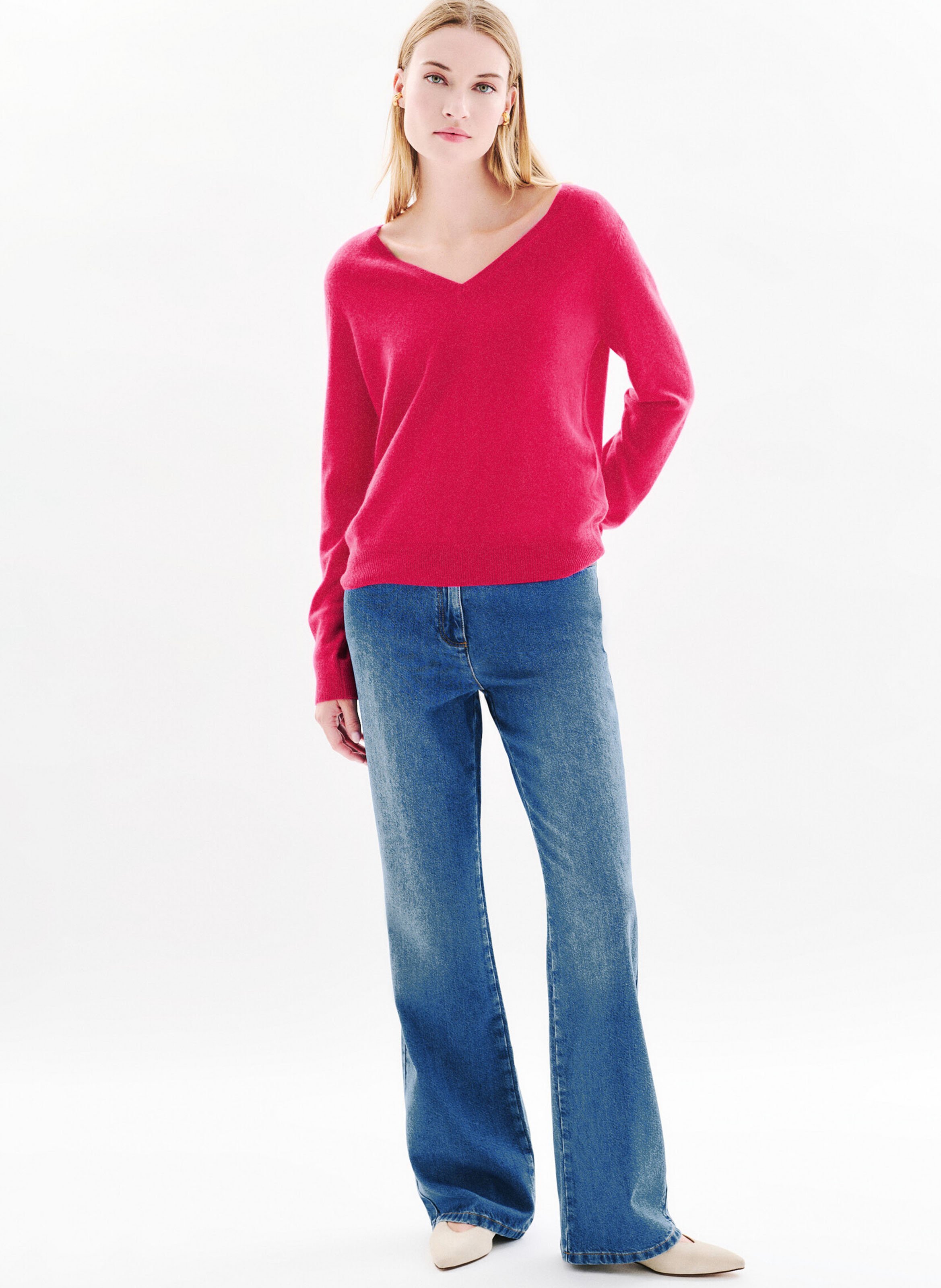 Pull cintré col V en cachemire CAROLL Rose