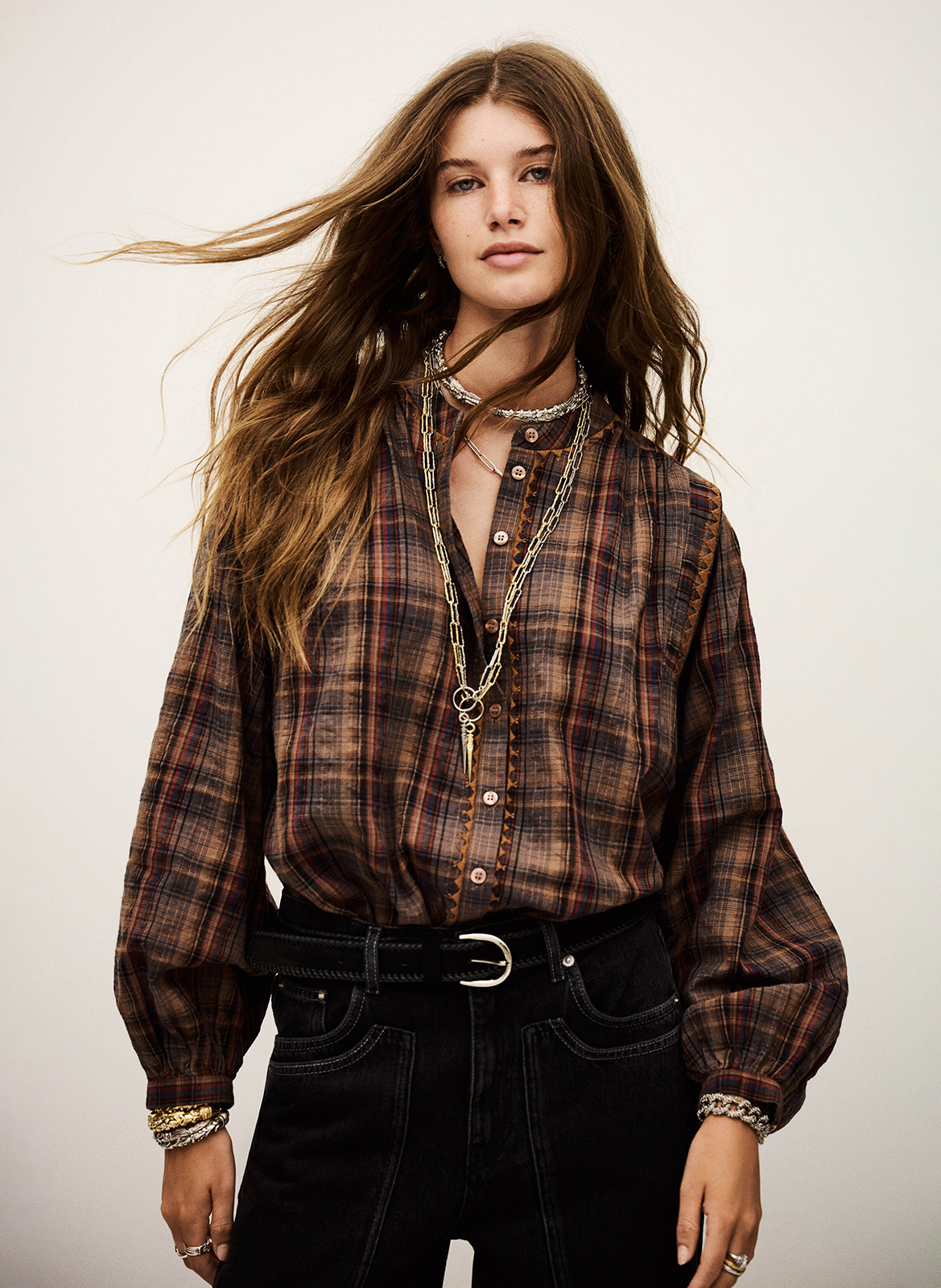 Chemise col rond en coton mélangé BA&SH Marron