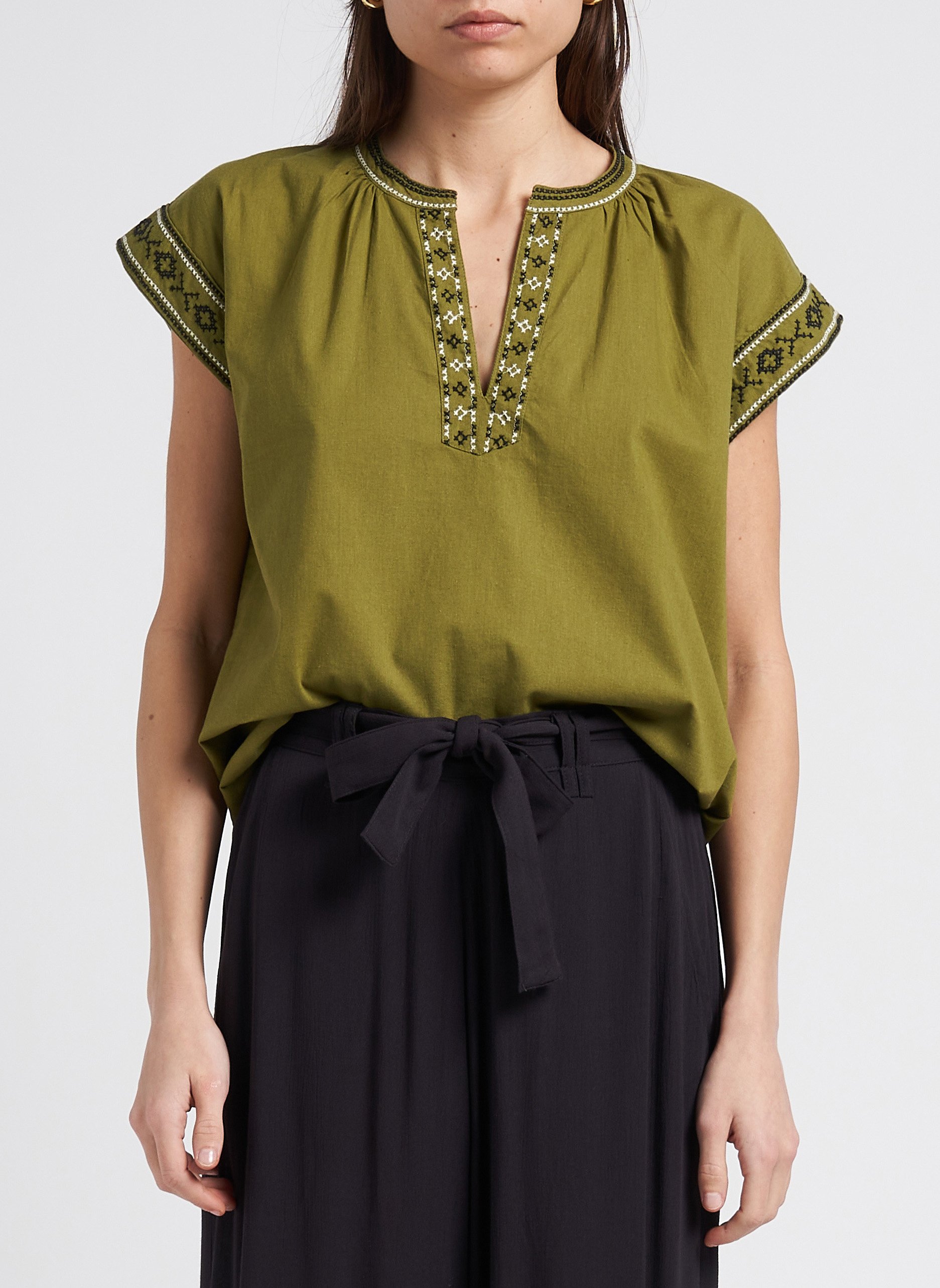 Weite Baumwollbluse mit V-Ausschnitt und Stickerei HARTFORD Khaki