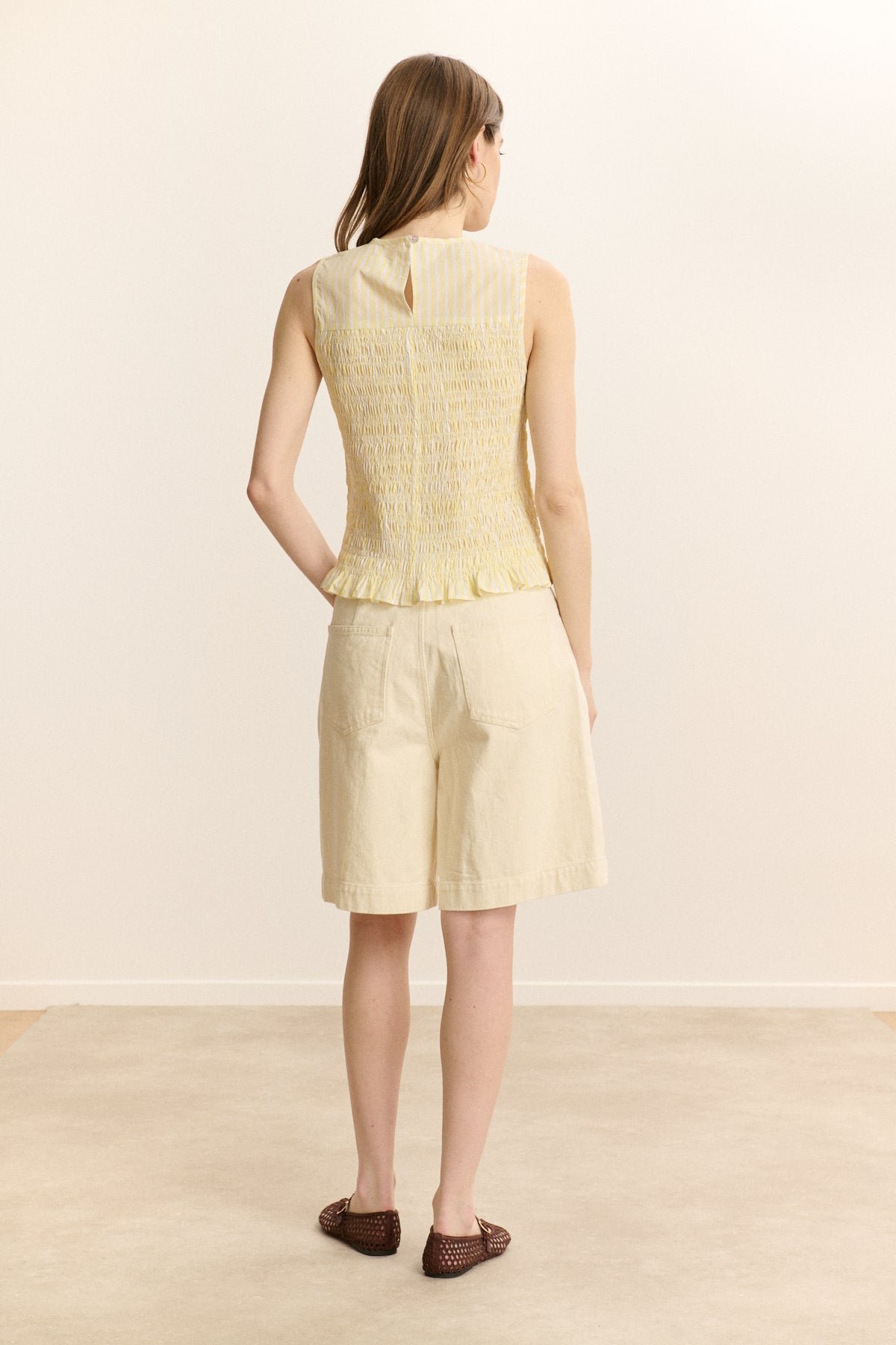 High-waisted straight Bermuda shorts in denim. GARANCE PARIS White