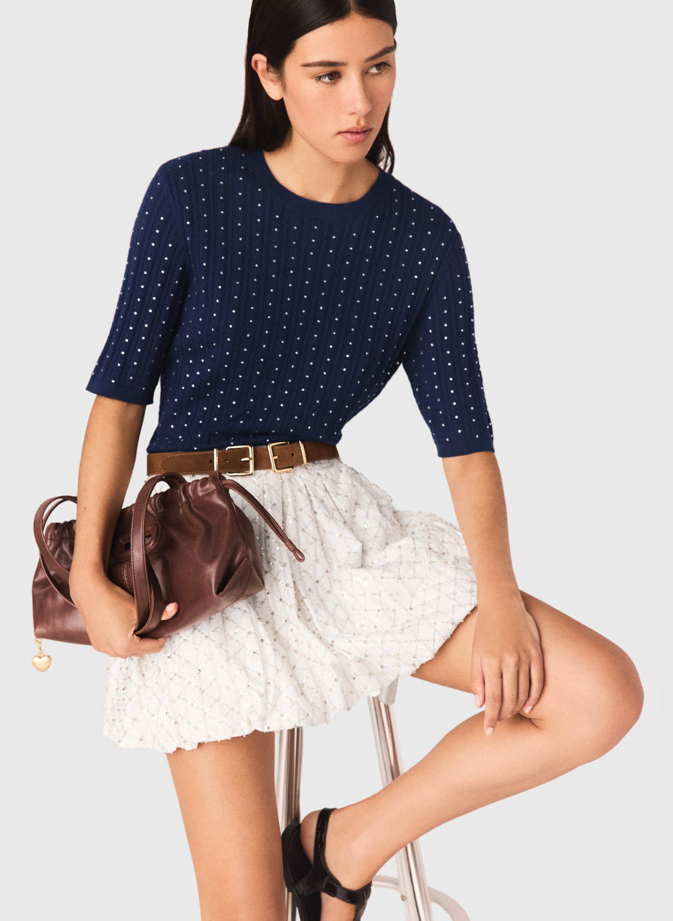 Fitted round neck sweater in blended cotton. MAJE Blue