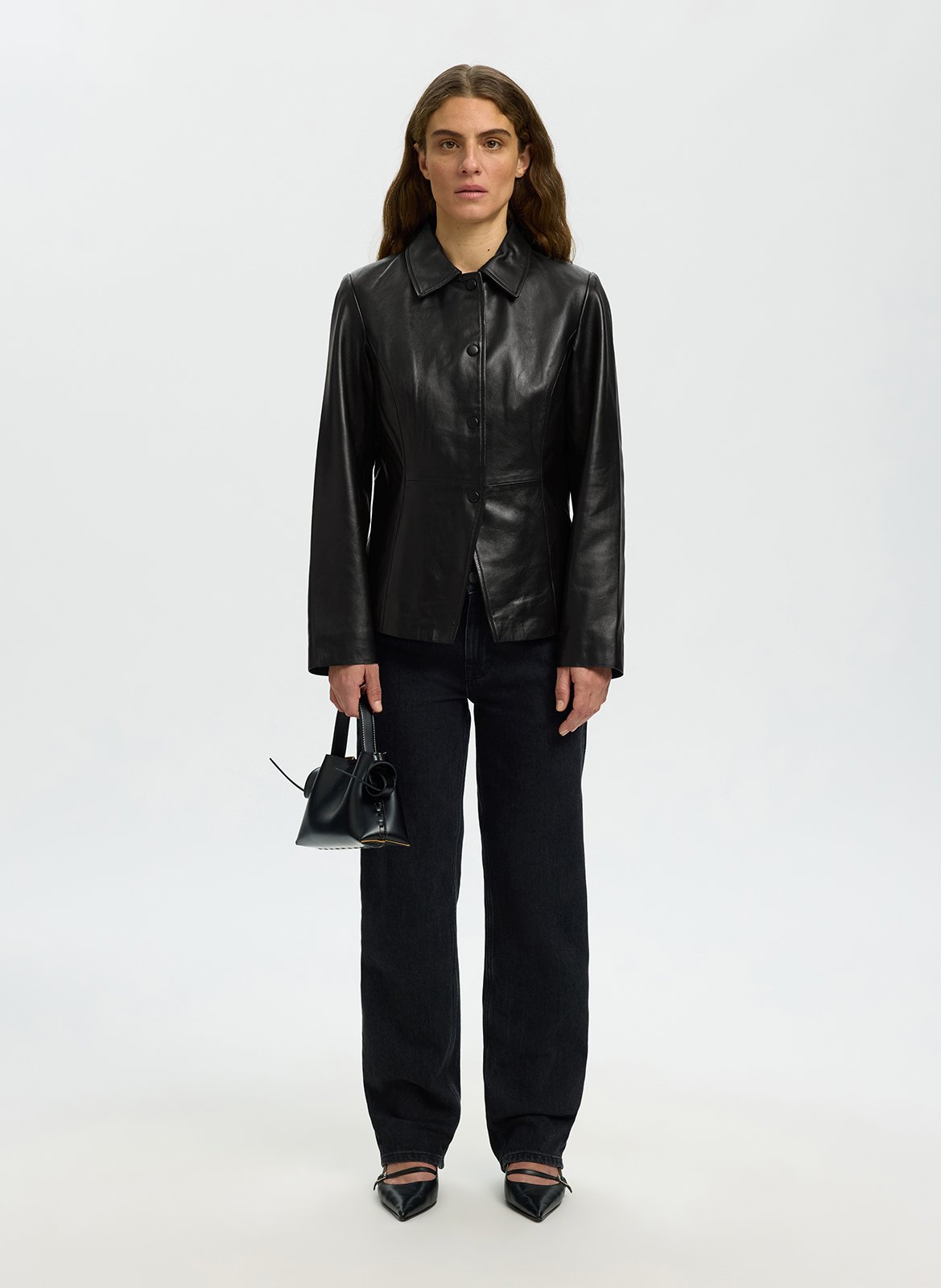 Lederjacke mit klassischem Kragen SELECTED Schwarz