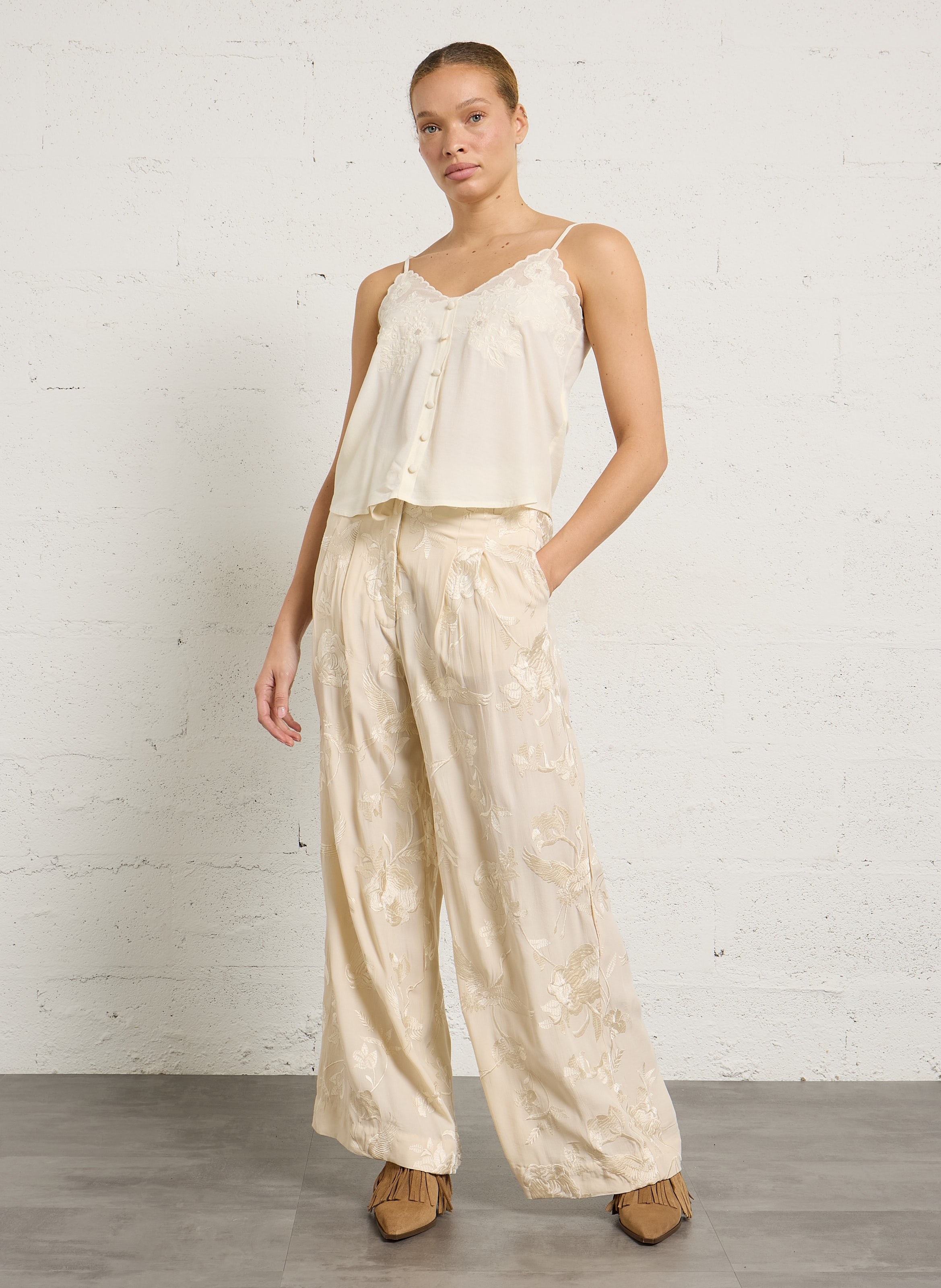 Bandplooibroek met hoge taille MES DEMOISELLES Beige