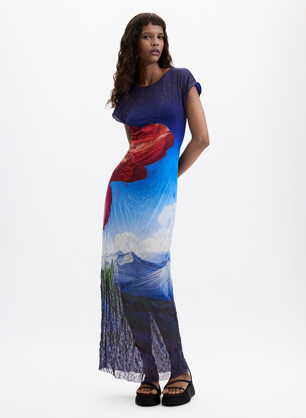 Robe longue imprimée col rond DESIGUAL Bleu