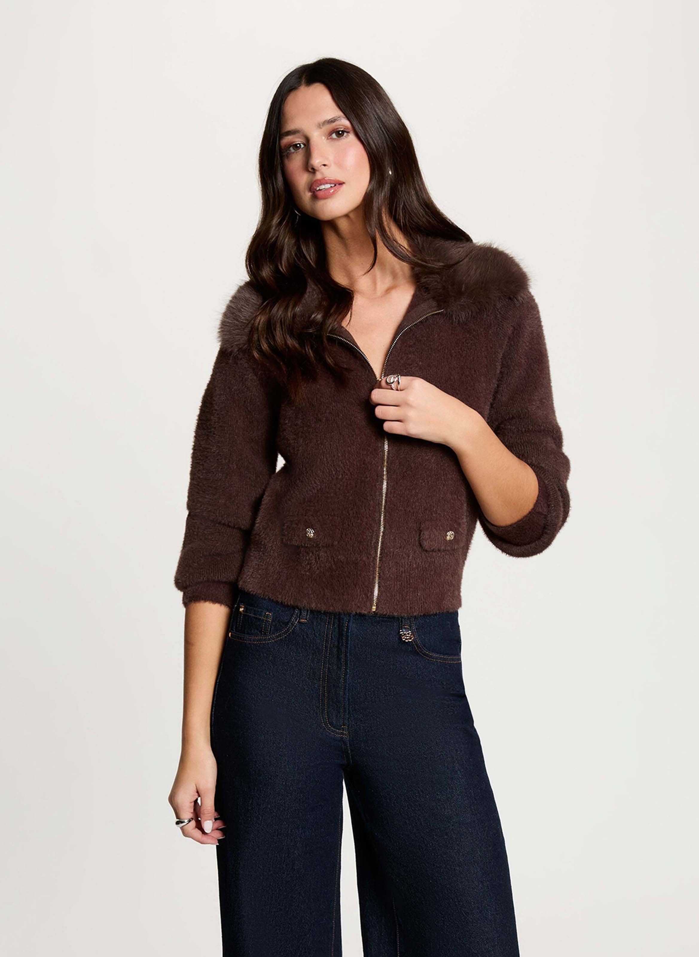 Gebreid vest met ritssluiting en kraag met bontlook MORGAN Bruin