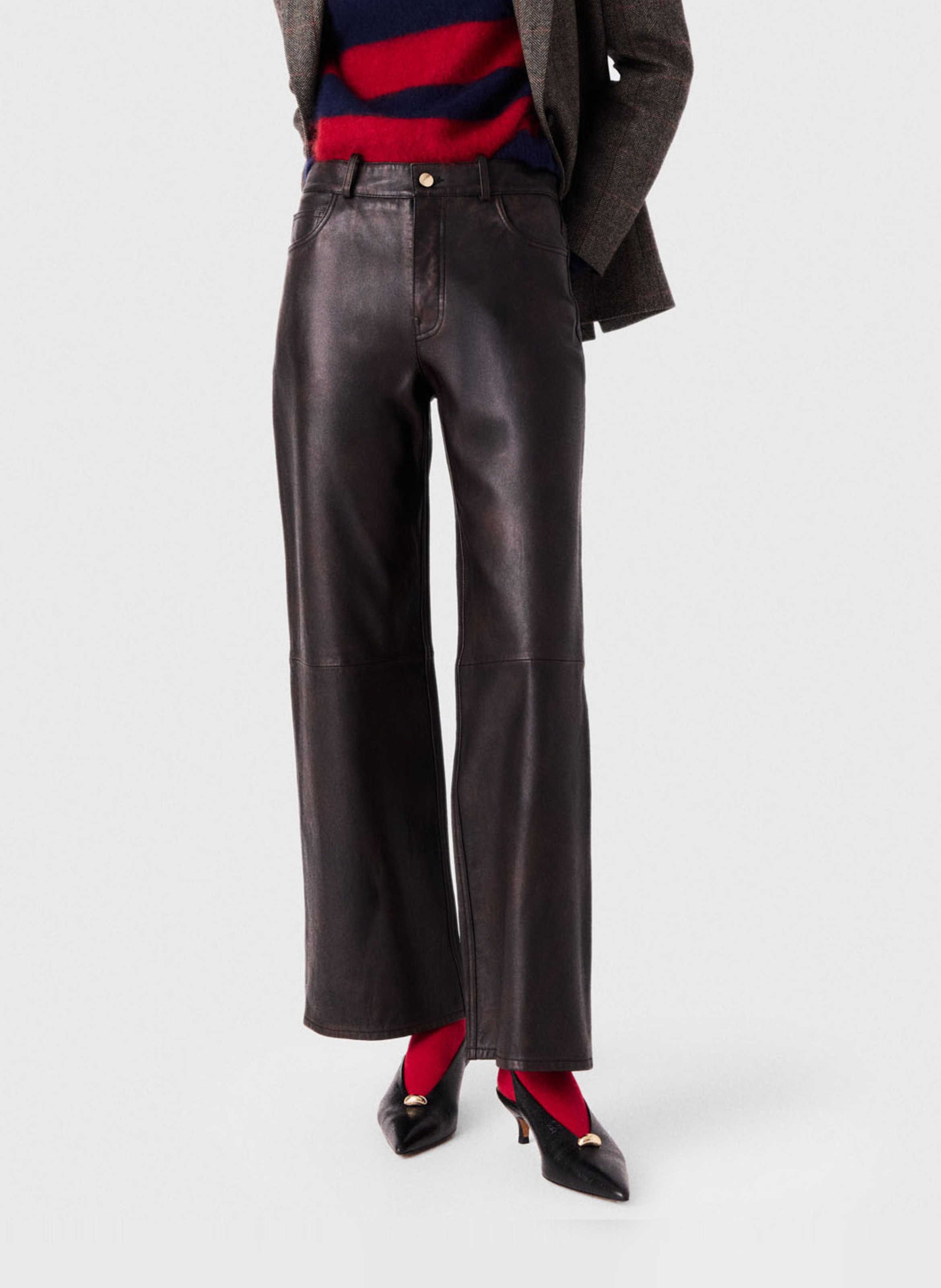 Pantalon droit en cuir MAJE Marron
