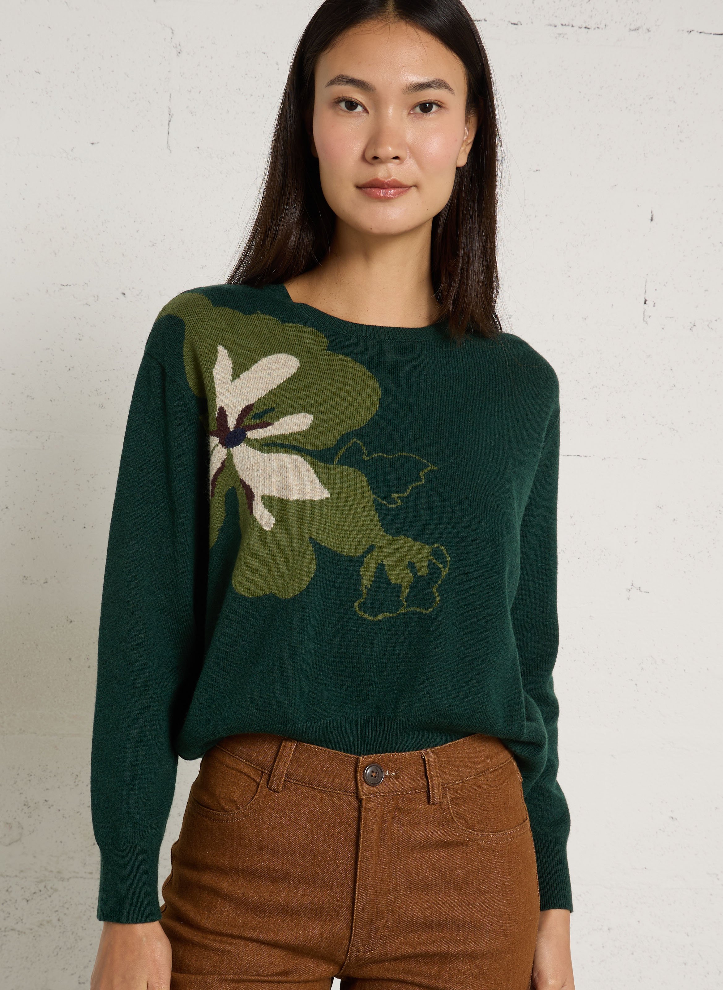 Straight round neck sweater in printed knit NICE THINGS Green