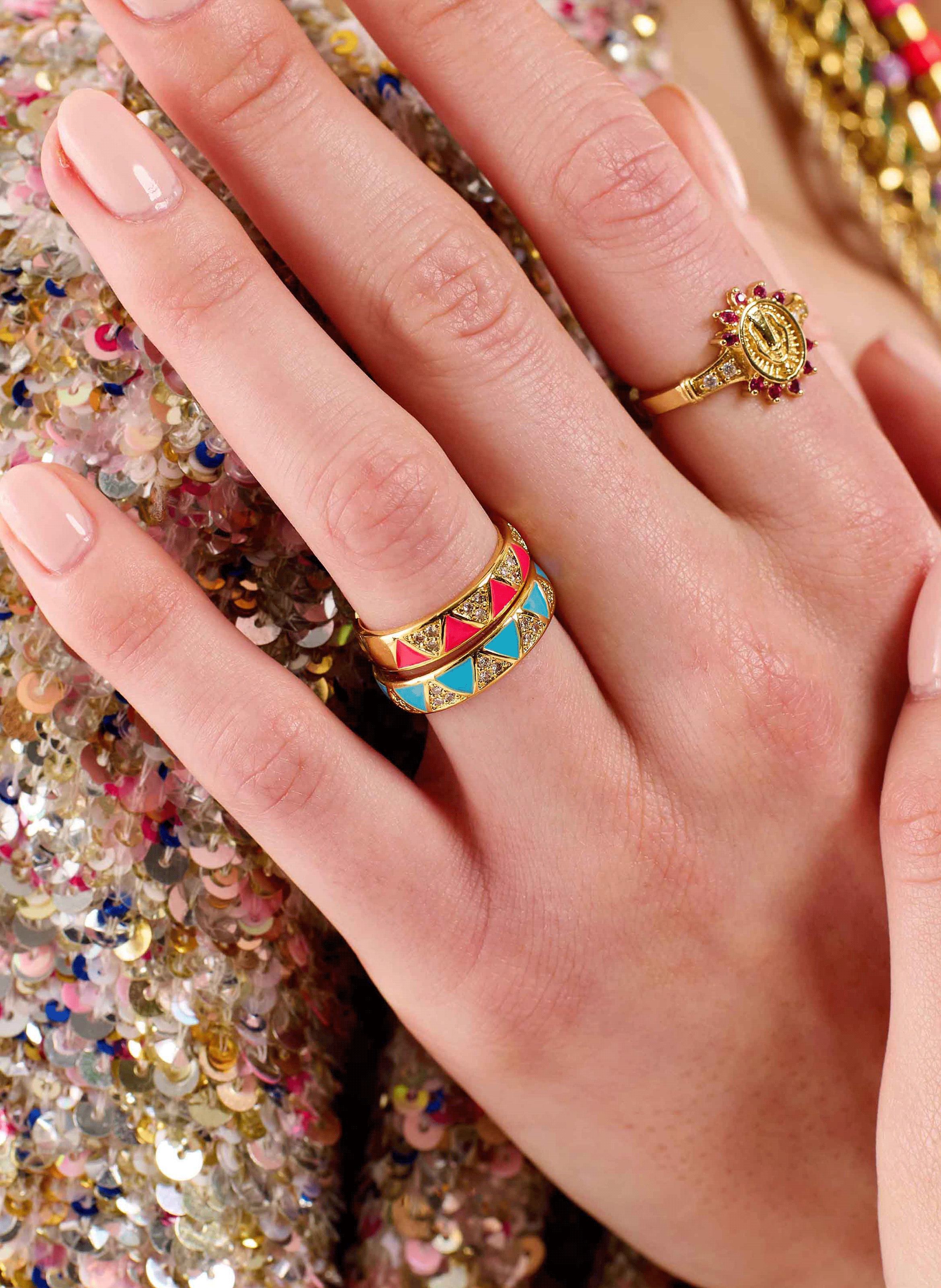 Adjustable ring with colorful enamel and rhinestones HIPANEMA Blue