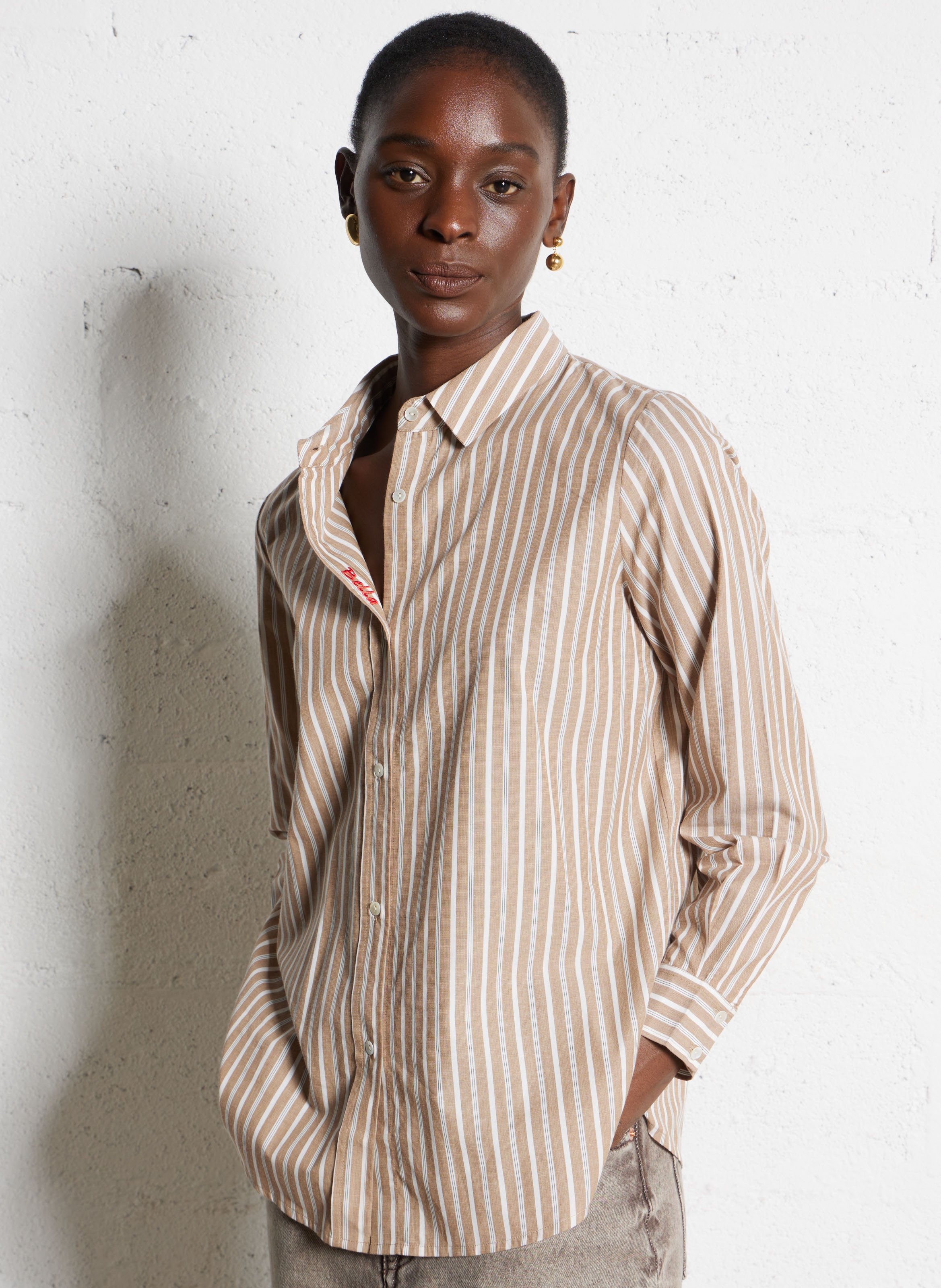 Straight striped cotton shirt BELLA JONES Brown