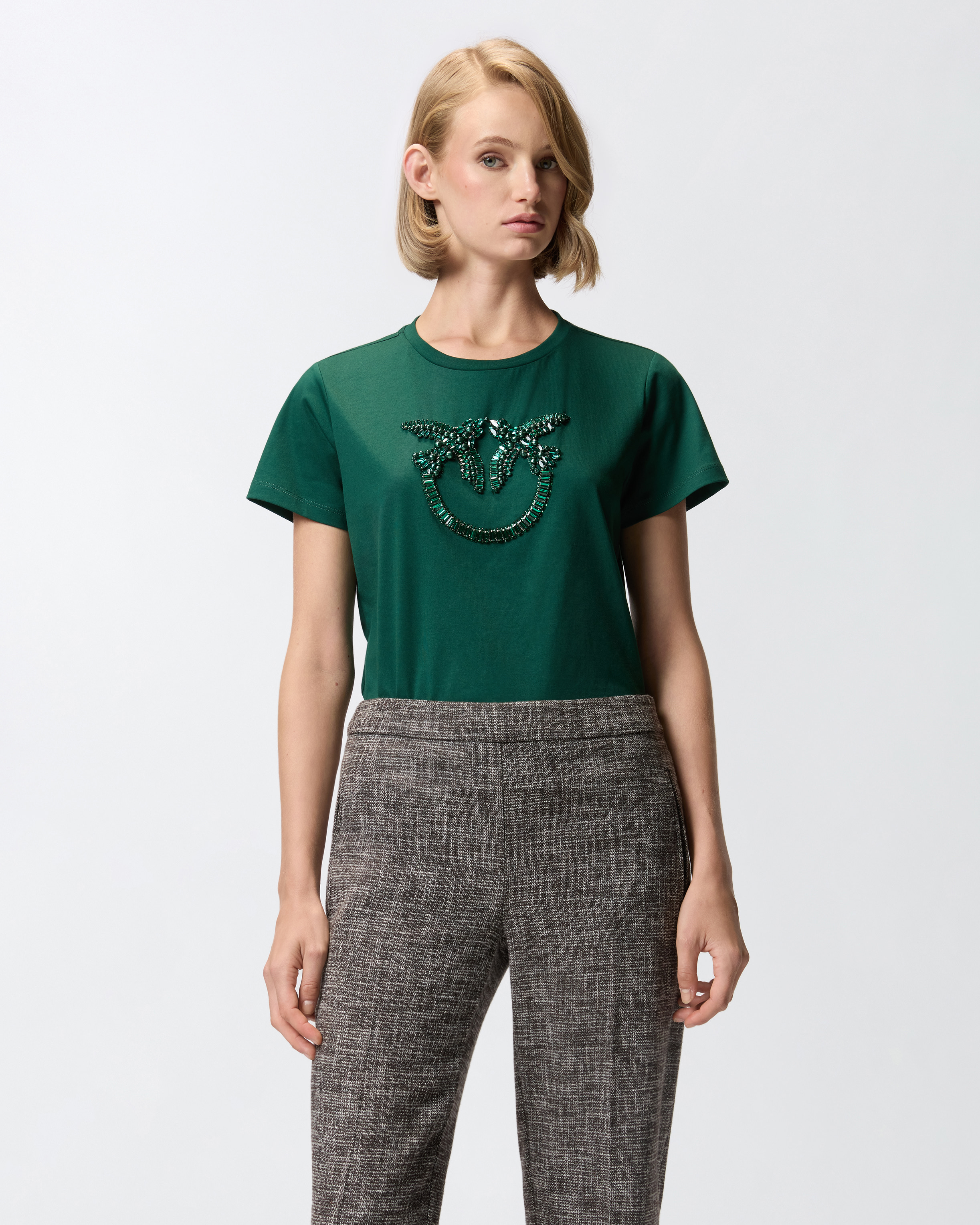 T-shirt with "Love Birds" jewel logo PINKO Green