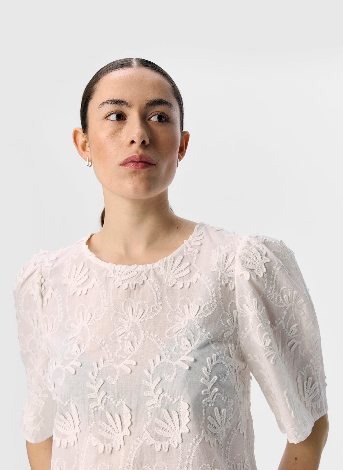 Organic cotton blend round neck top OBJECT Beige