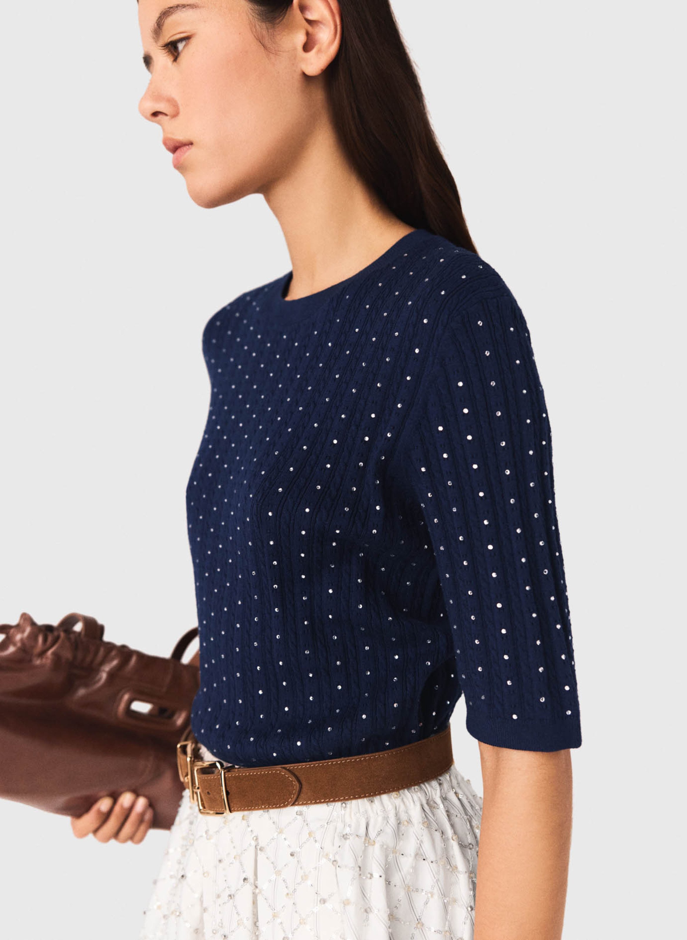 Fitted round neck sweater in blended cotton. MAJE Blue