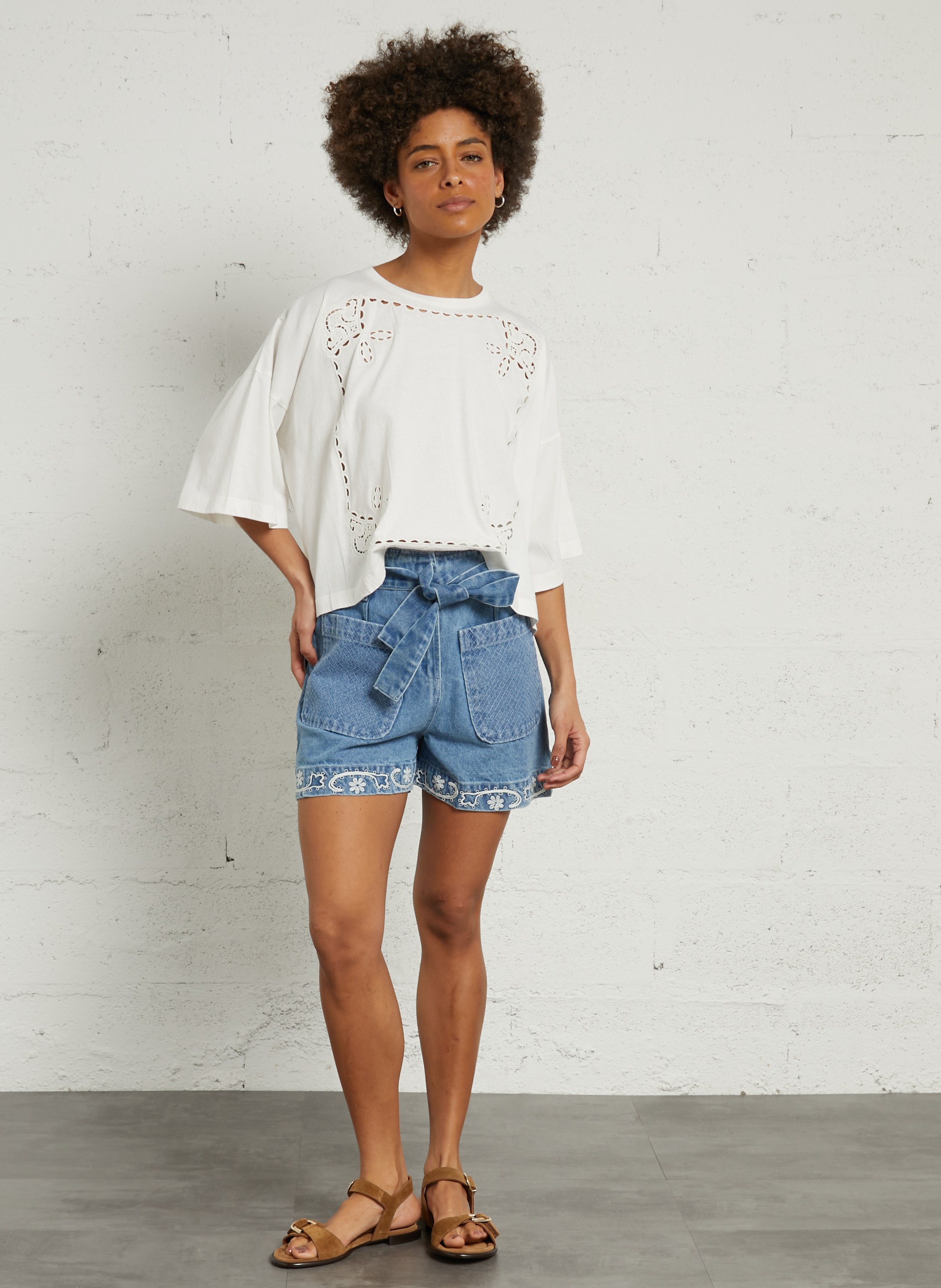 Tee-shirt ample col rond broderie anglaise en coton organique LOUISE MISHA Blanc