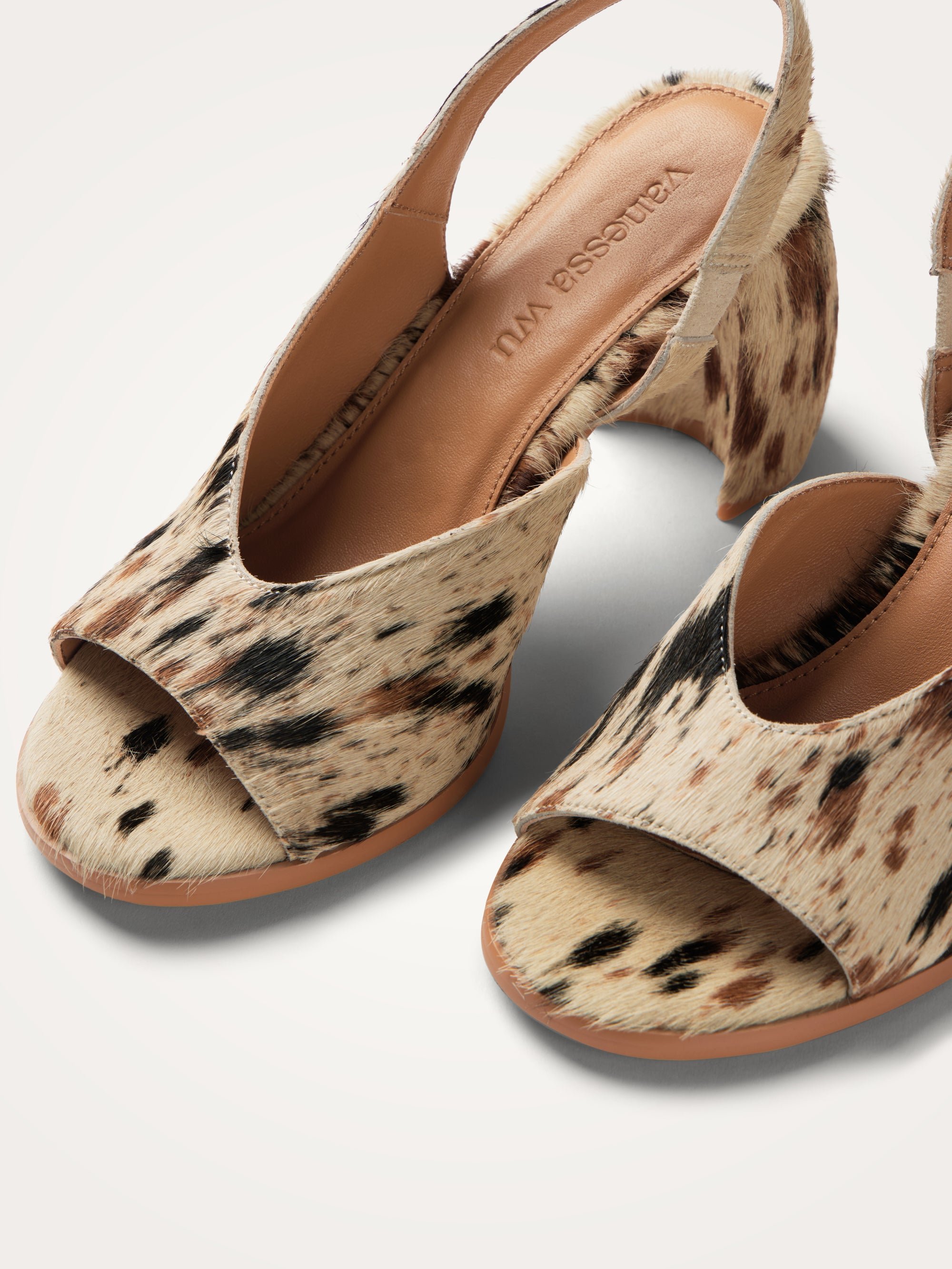 Cow print calf hair ankle strap sandals with demi-lune heel VANESSA WU Multicolored