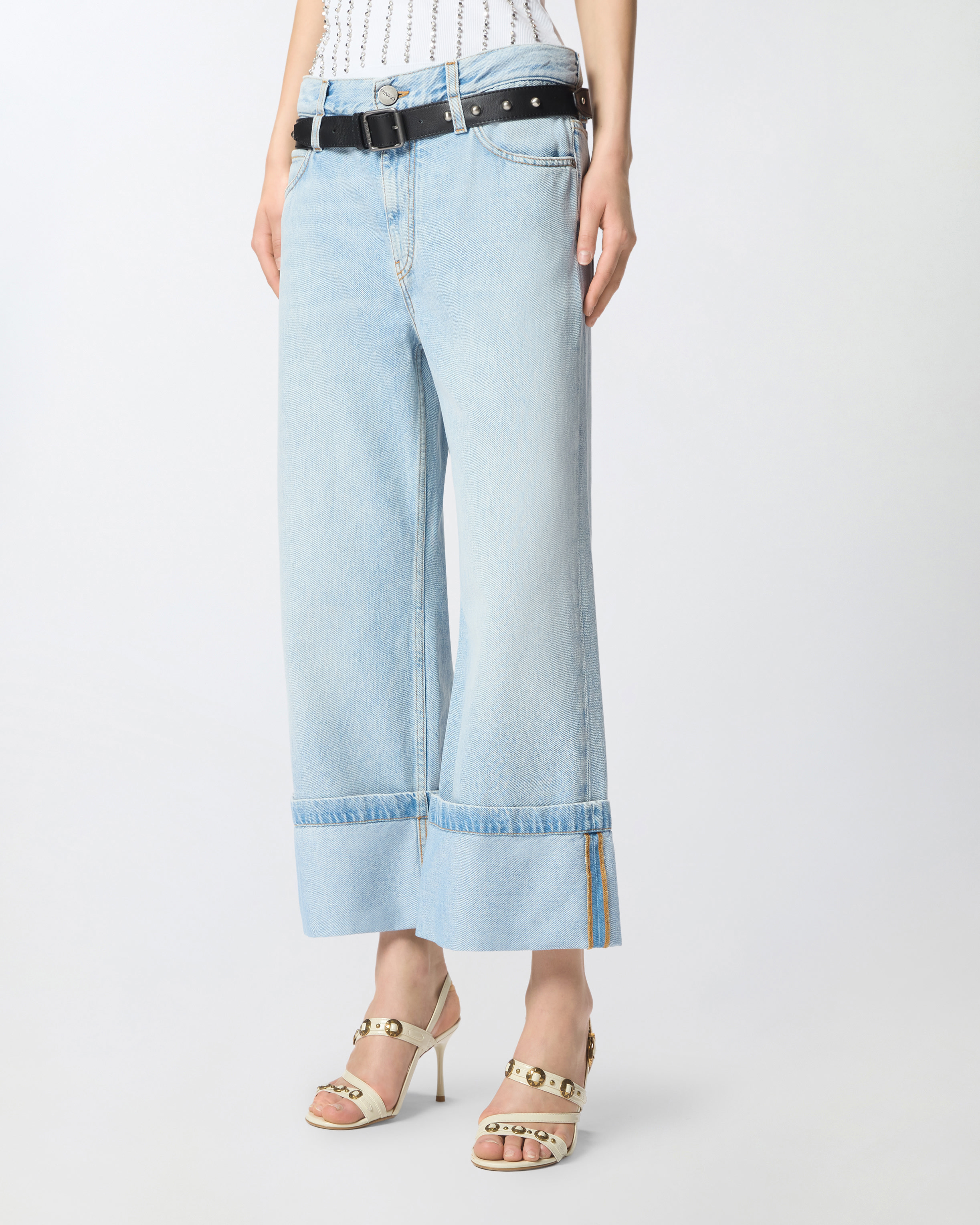 Cropped jeans with leather belt PINKO Blue