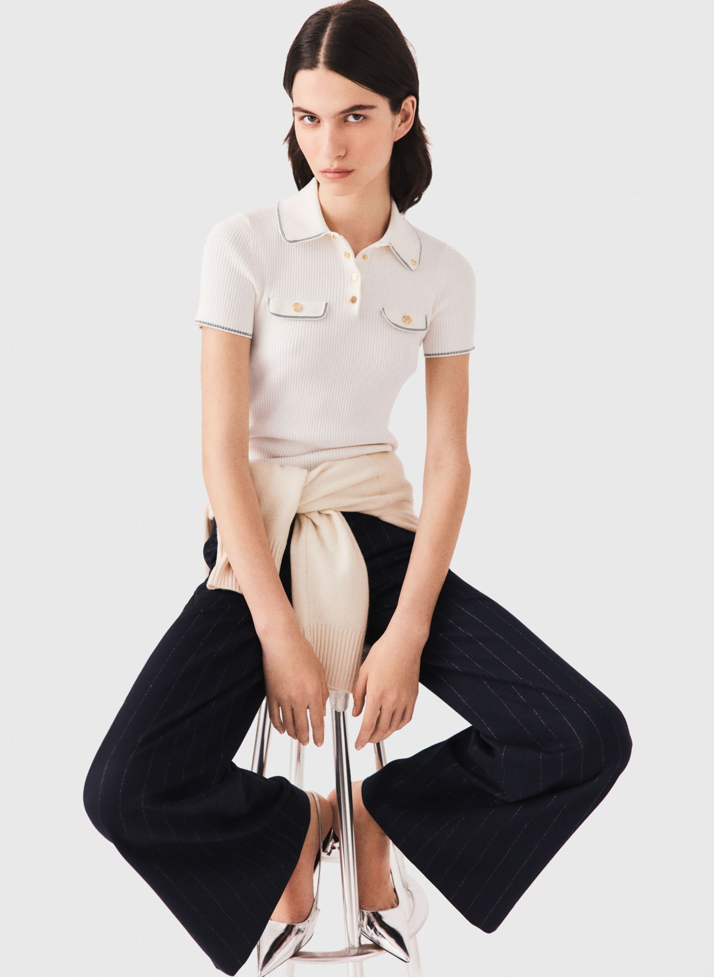 Pull ajusté col polo MAJE Beige