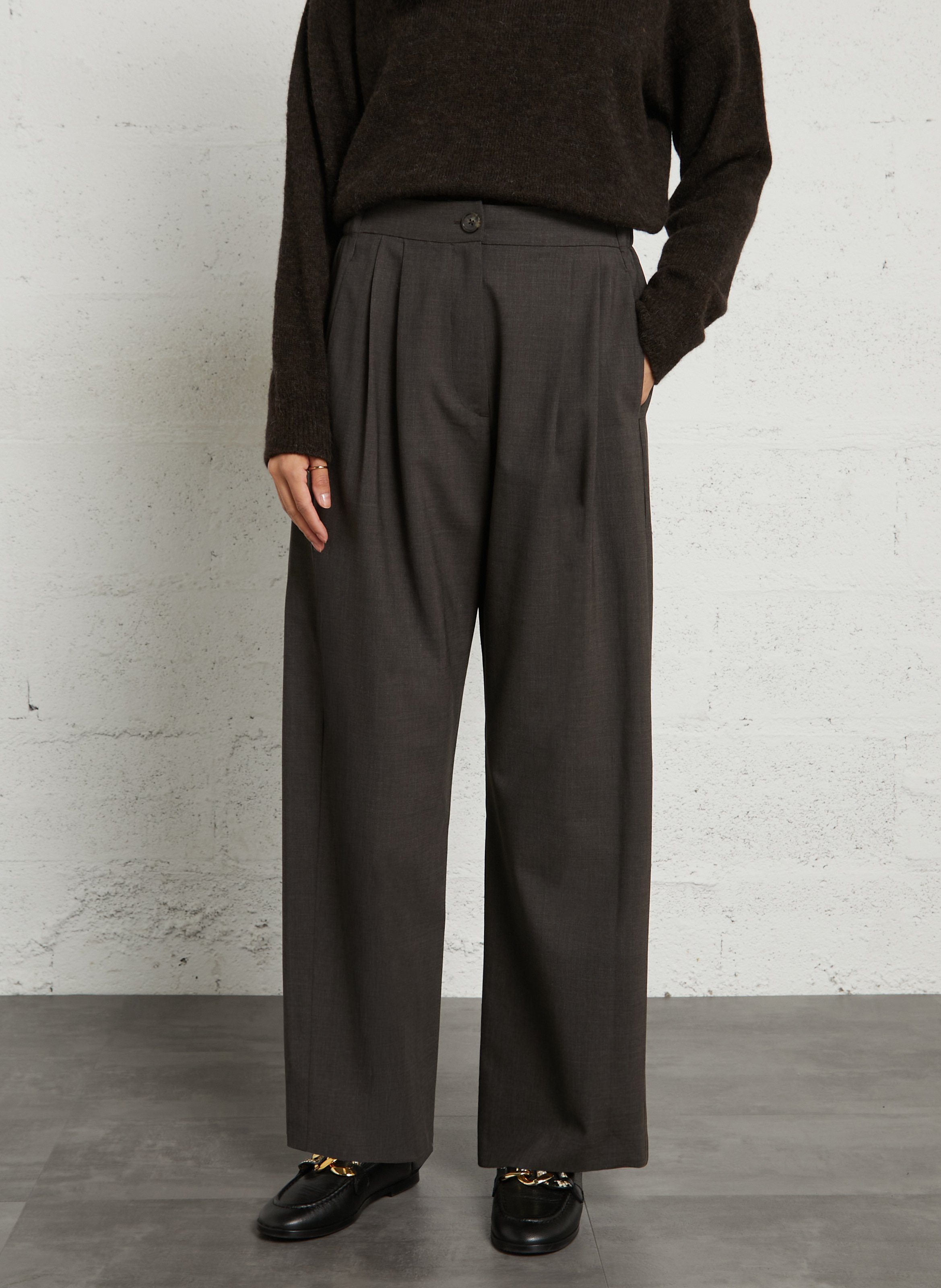 Pantalon à plis en laine vierge mélangée MASSCOB Marron