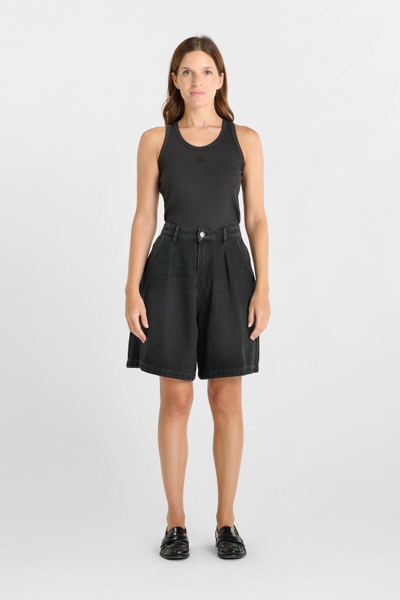 High-waisted zip-front denim Bermuda shorts LE TEMPS DES CERISES Black