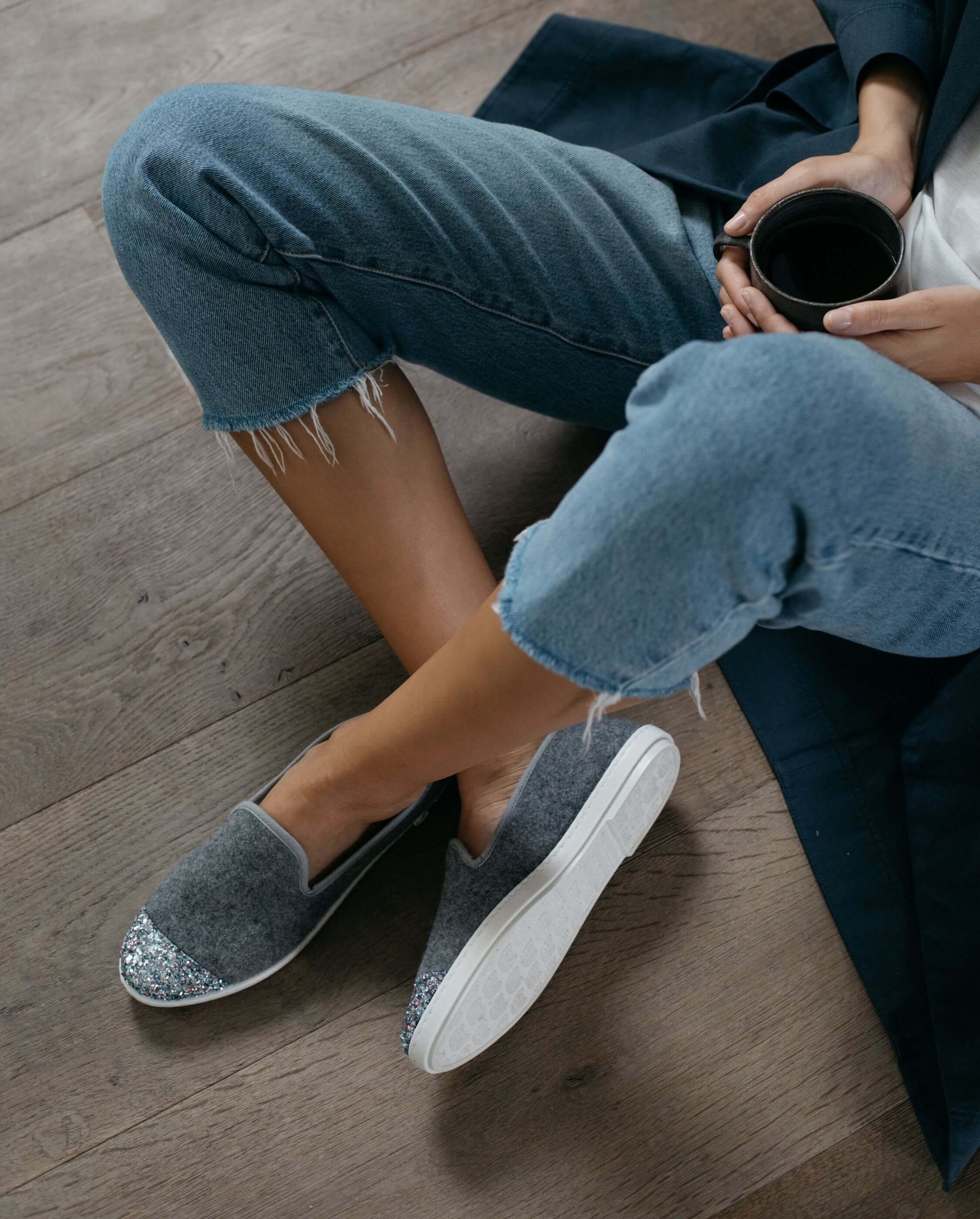 Women's wool slipper, gray with sequins ANGARDE Grey