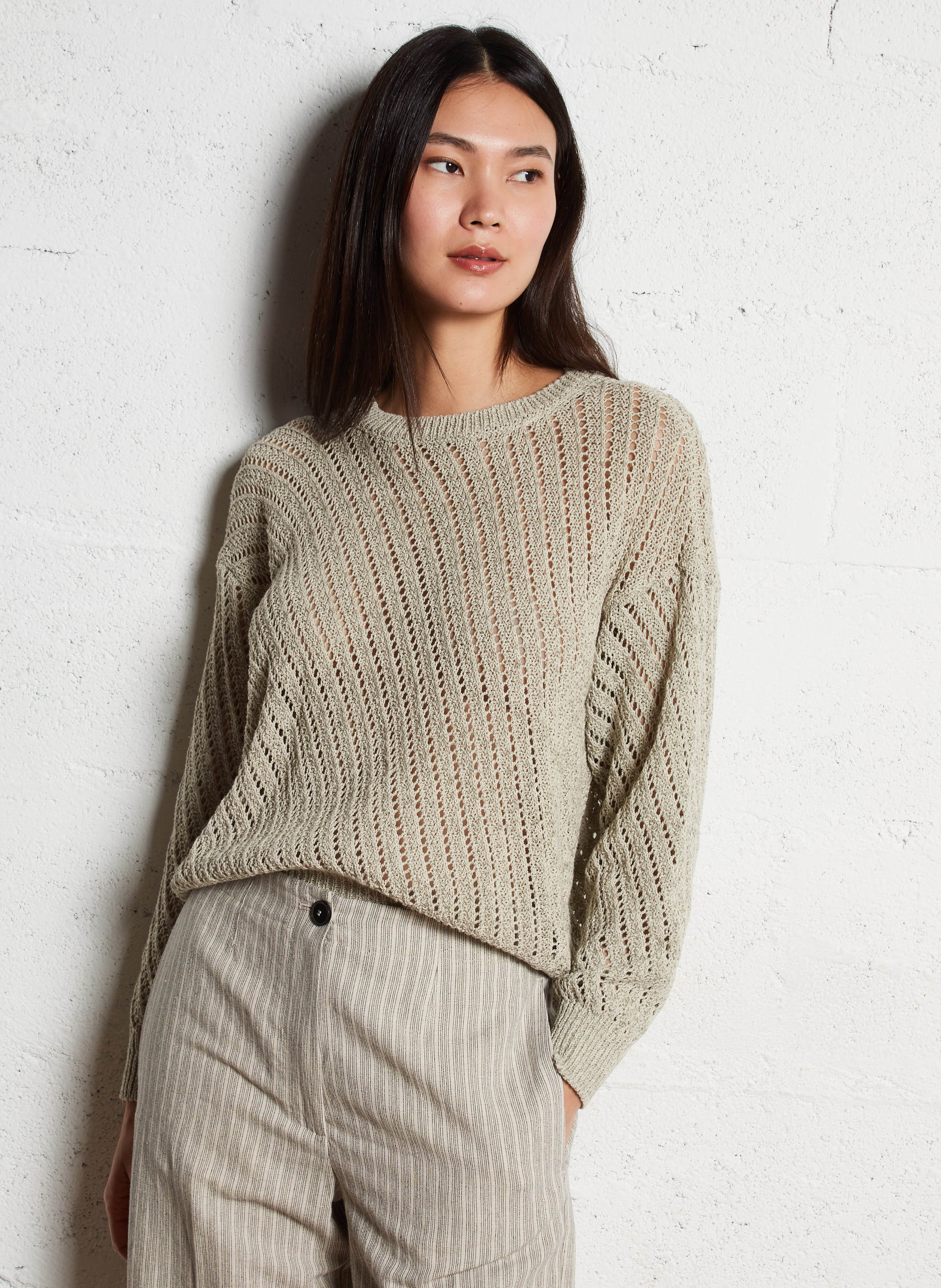 Pull ajouré en coton et lin mélangés POMANDERE Blanc