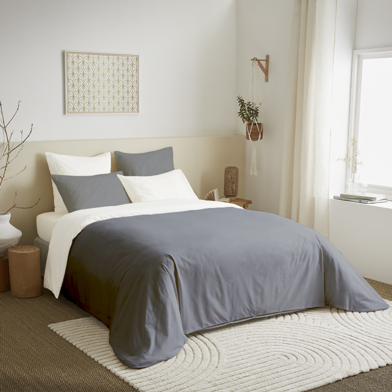 Complete set of 6 pieces anthracite/white reversible duvet cover for a 140 x 190 cm bed COTON PUR White