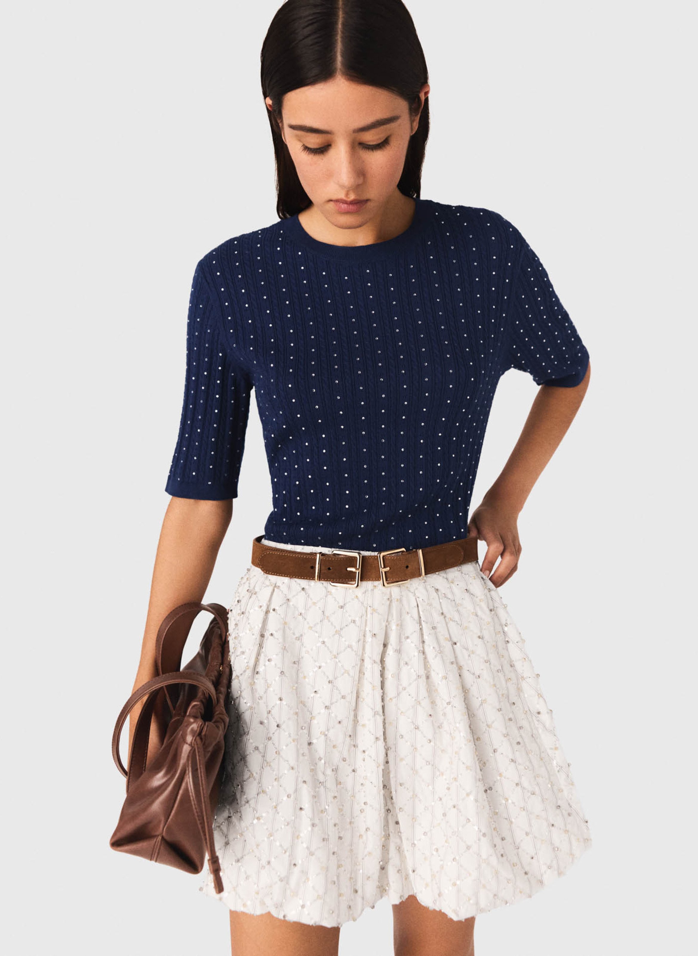 Fitted round neck sweater in blended cotton. MAJE Blue