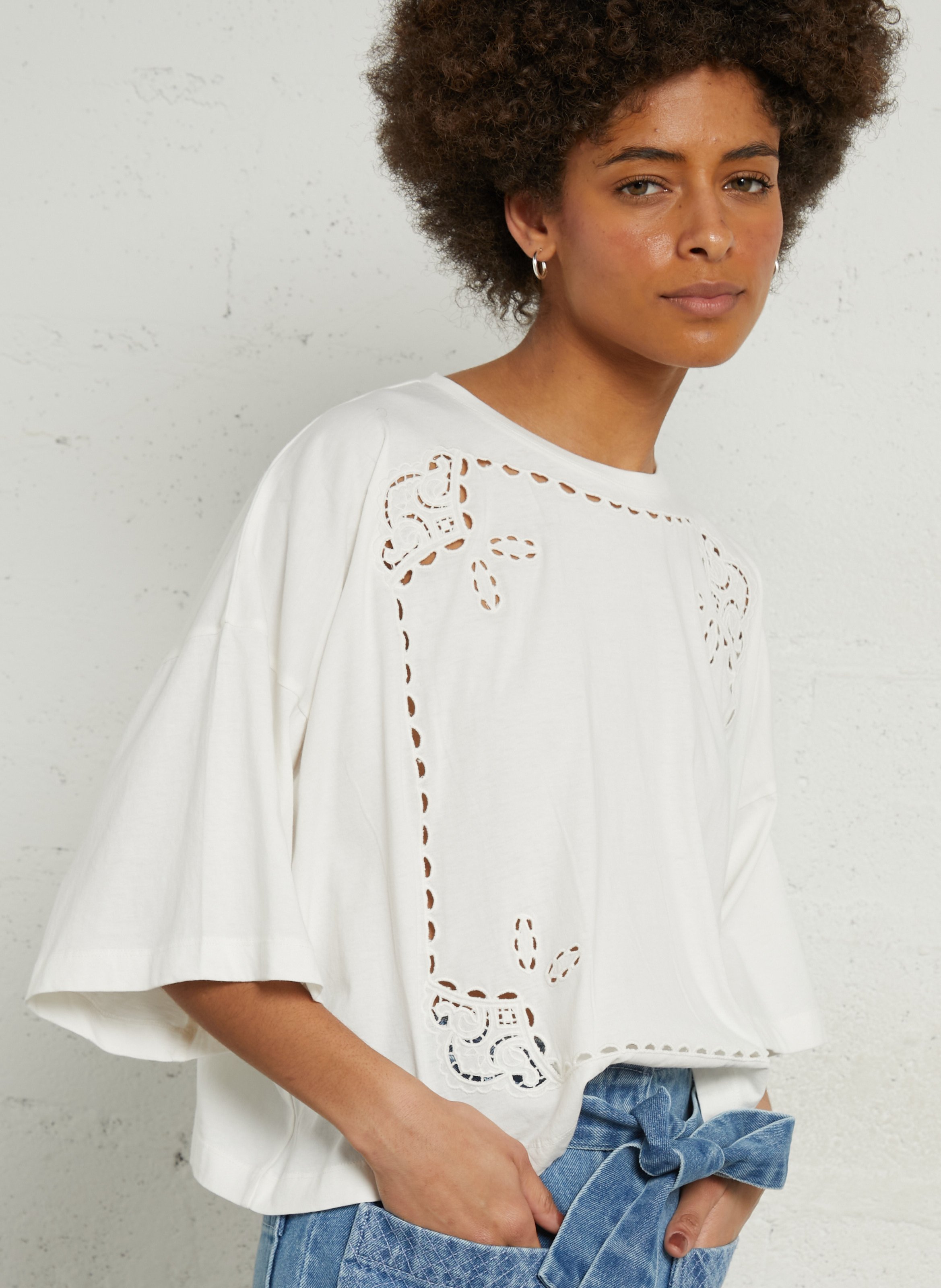 Tee-shirt ample col rond broderie anglaise en coton organique LOUISE MISHA Blanc