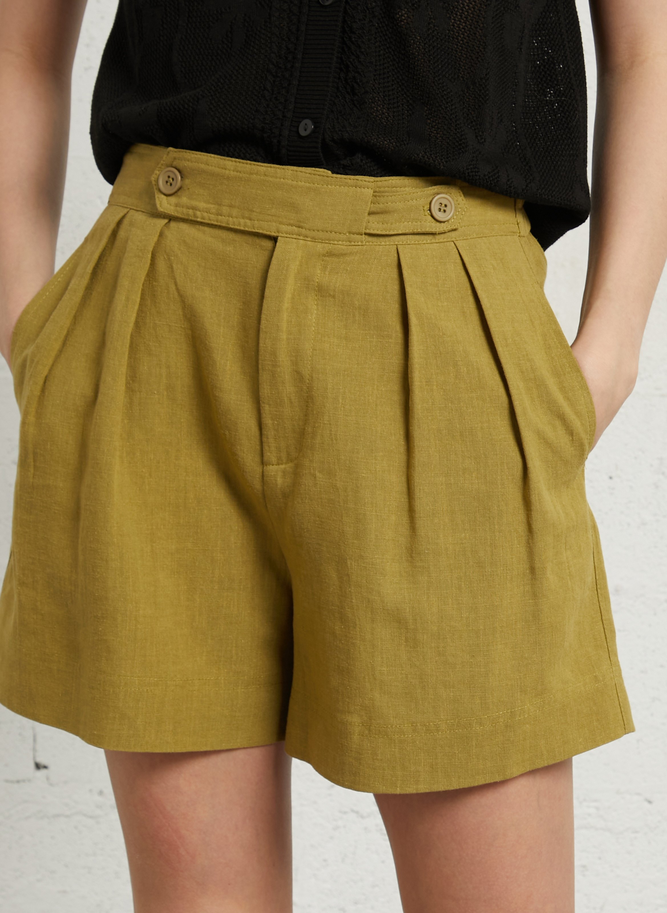 Vloeie korte jurk in gemengd linnen SEE U SOON Kaki