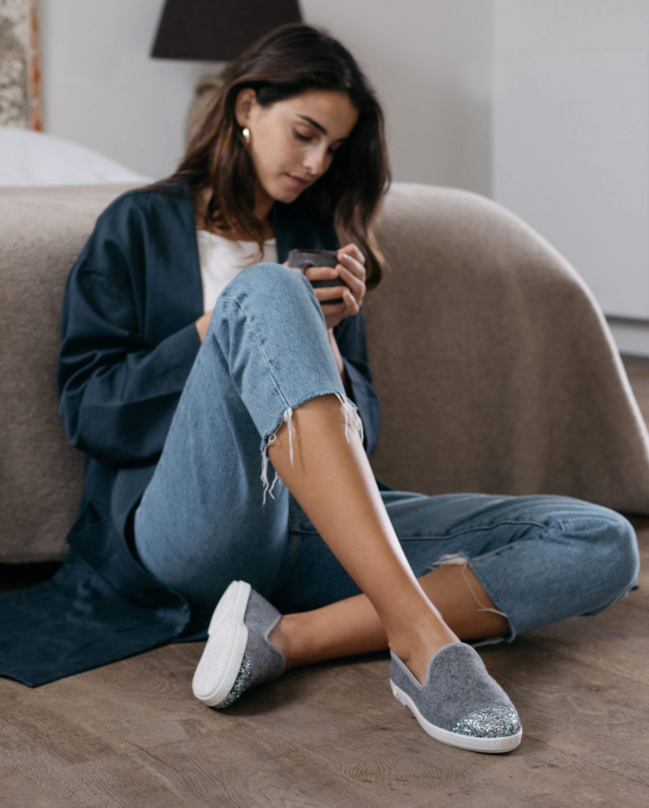 Women's wool slipper, gray with sequins ANGARDE Grey