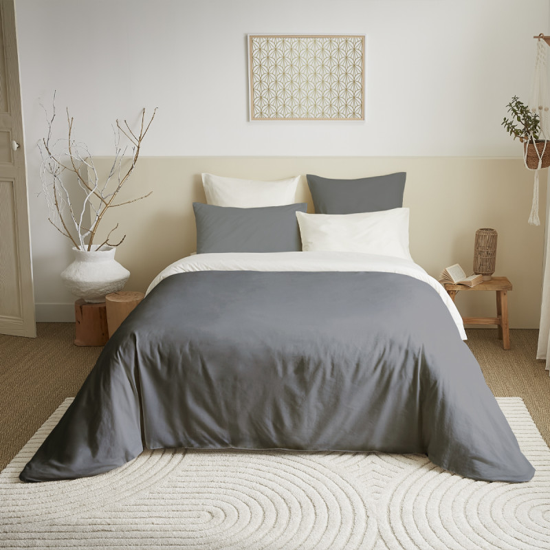 Complete set of 6 pieces anthracite/white reversible duvet cover for a 140 x 190 cm bed COTON PUR White