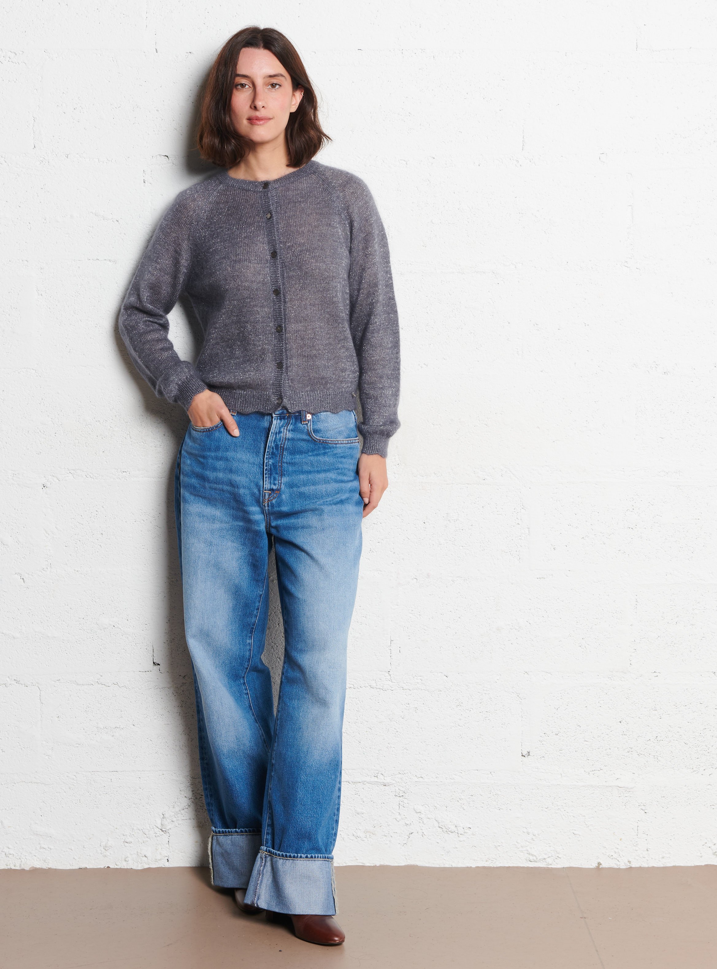 Oversized round neck wool and silk vest DES PETITS HAUTS Grey