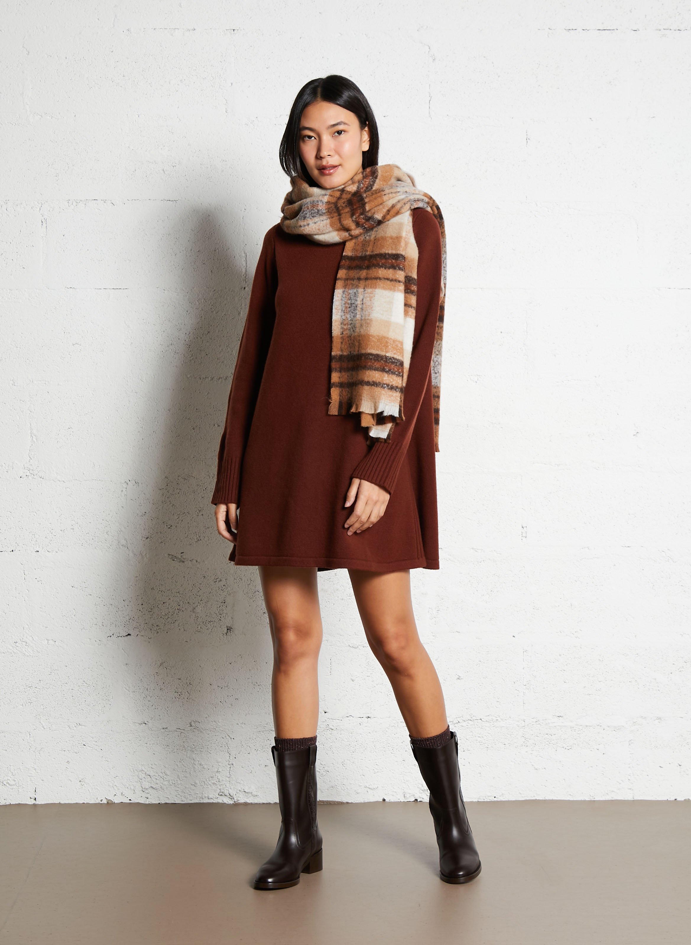 Short high-neck merino wool dress PETITE MENDIGOTE Brown