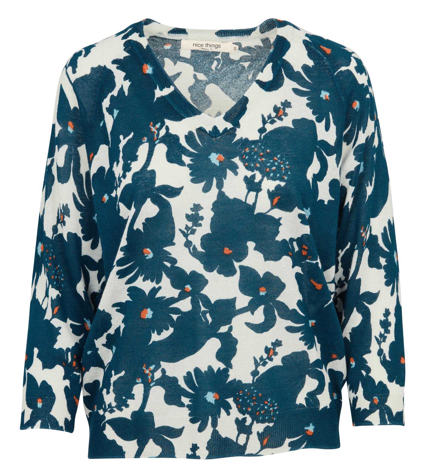 Pull col v fleurs NICE THINGS Beige