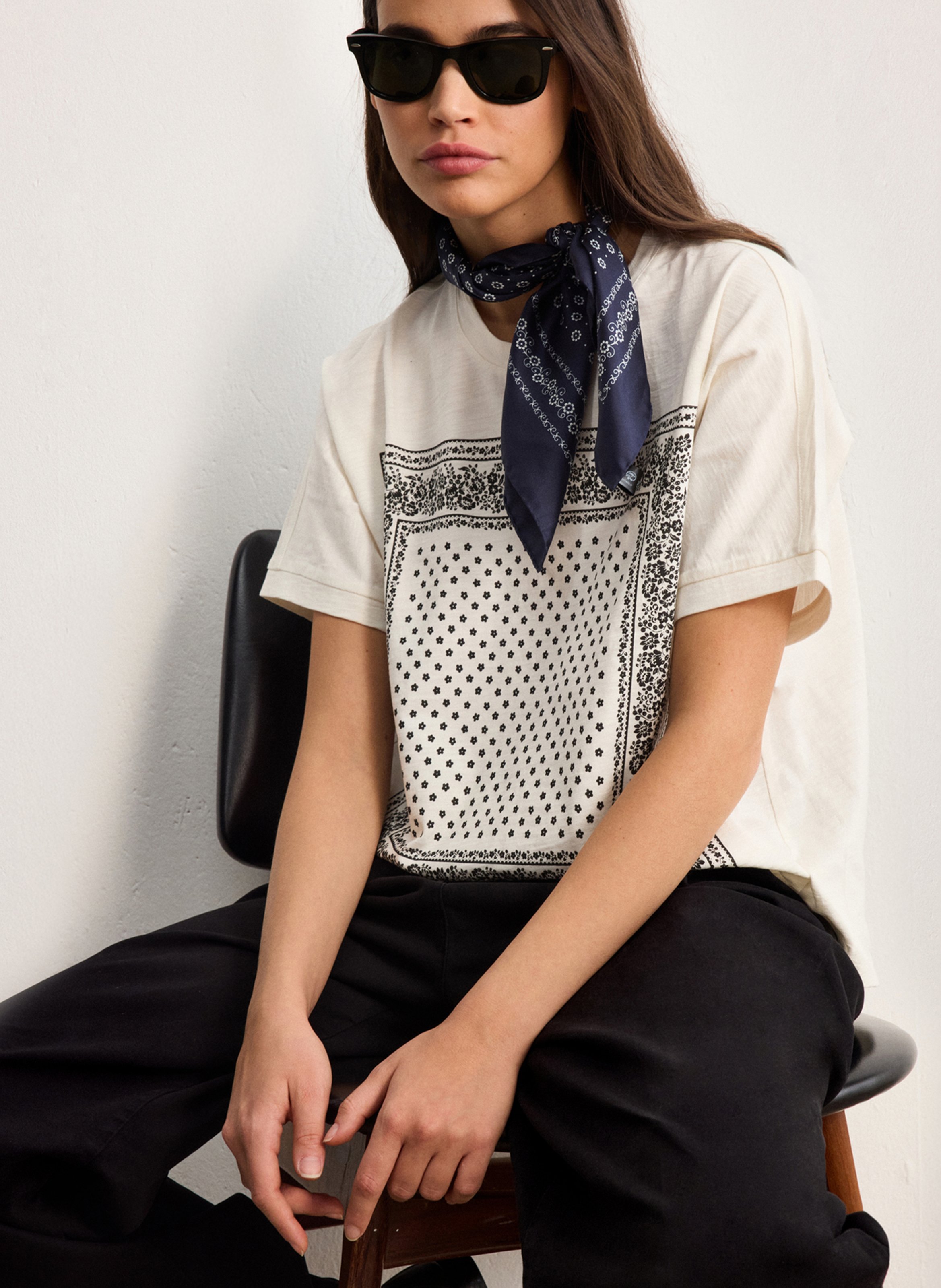 Tee-shirt droit col rond en coton mélangé imprimé PABLO Beige