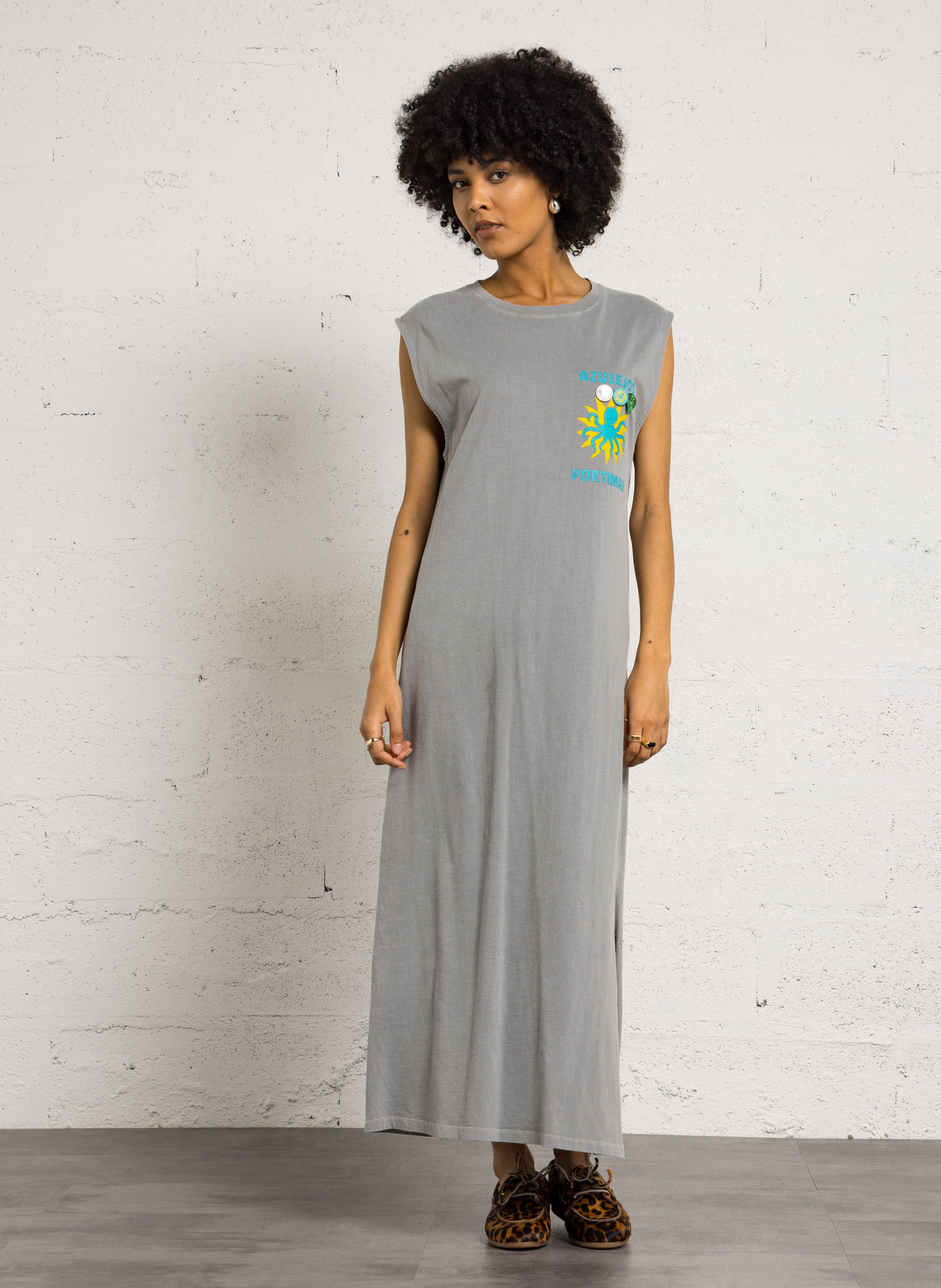 Lange jurk met ronde hals en zeefdruk van katoen NEWTONE Grijs