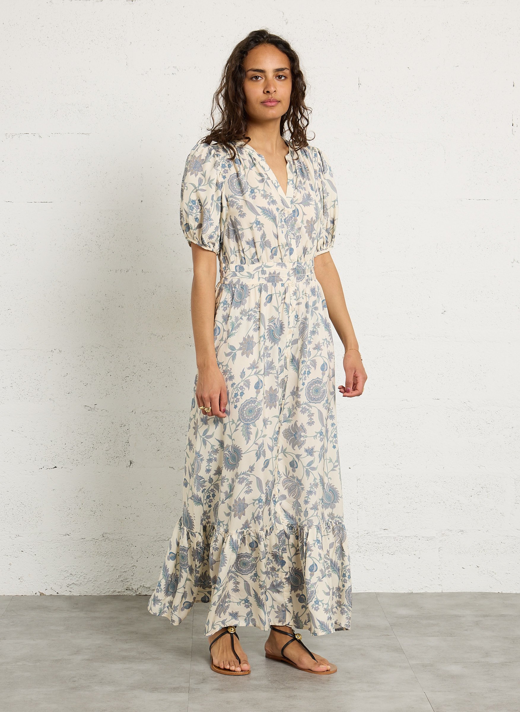 Robe longue fluide col V imprimée PETITE MENDIGOTE Beige