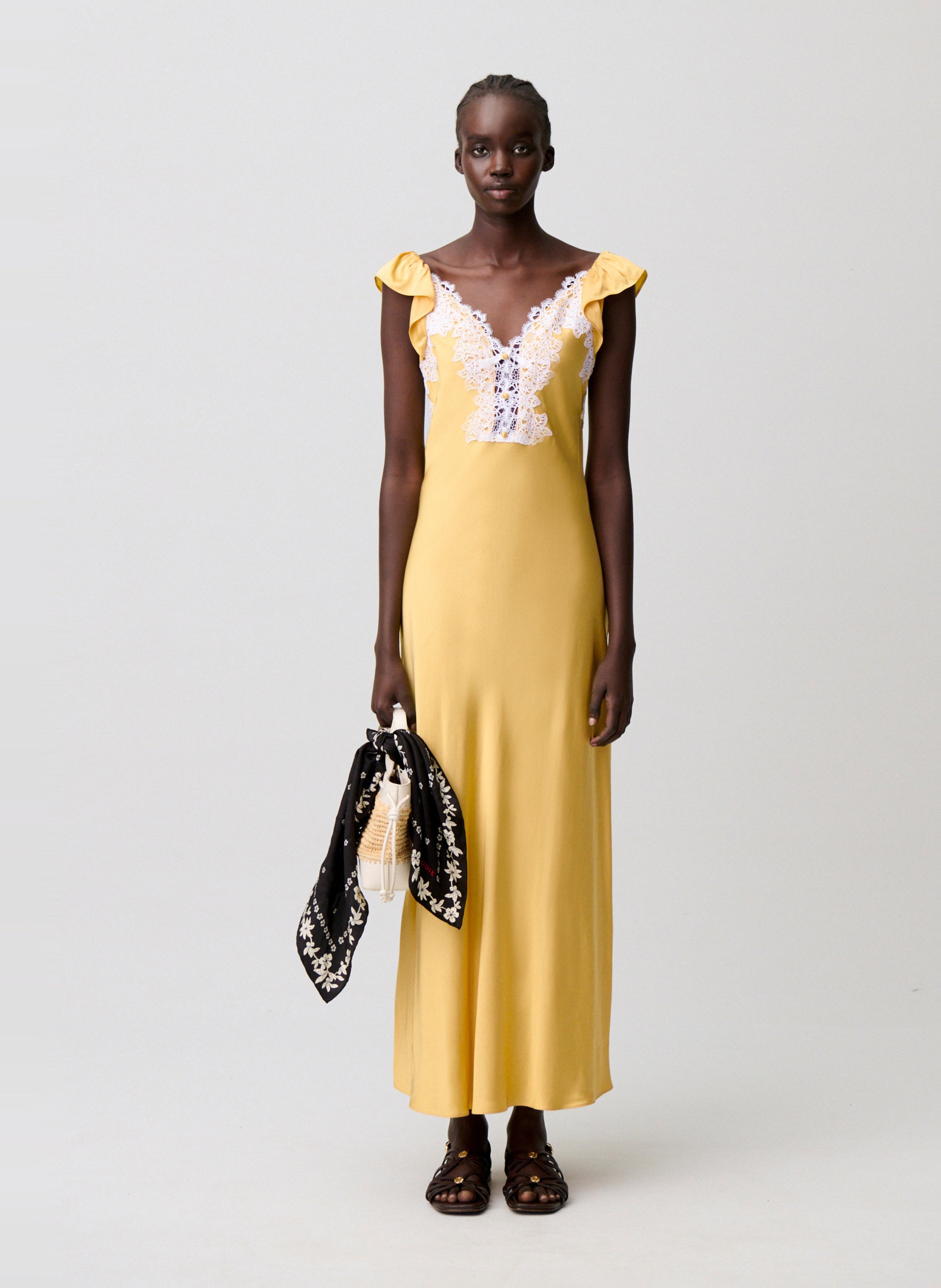Satin Long Dress with Lace CLAUDIE PIERLOT Yellow