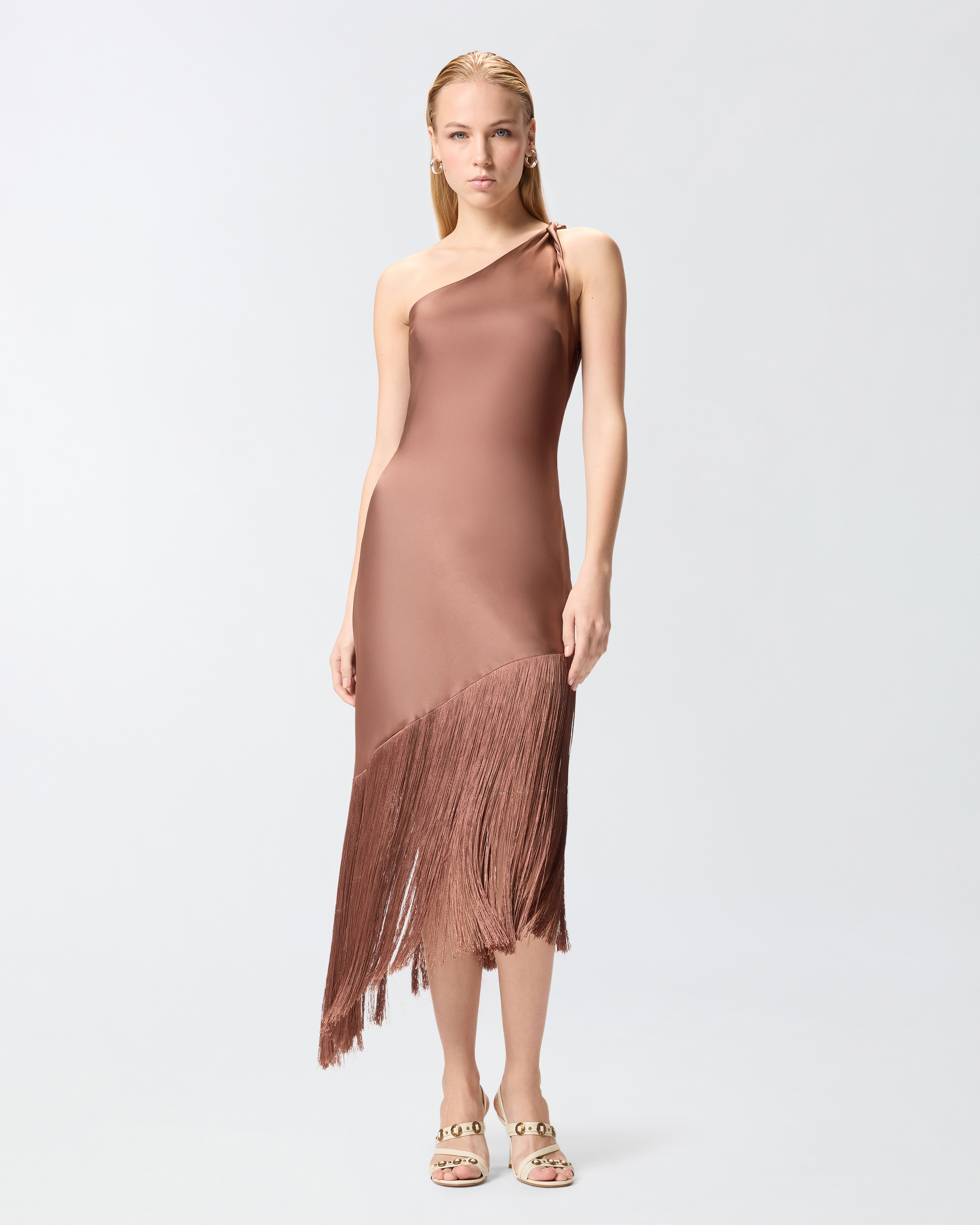 Robe courte asymétrique en satin à franges PINKO Marron