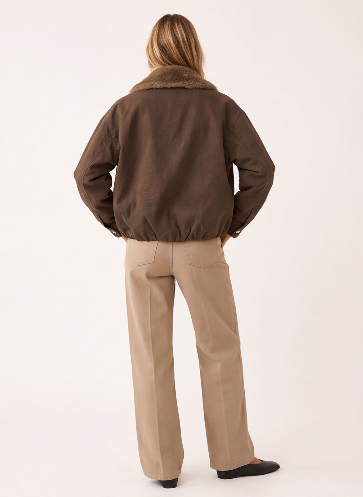 Straight-cut cotton jacket with a faux fur-effect collar KOOKAI Brown