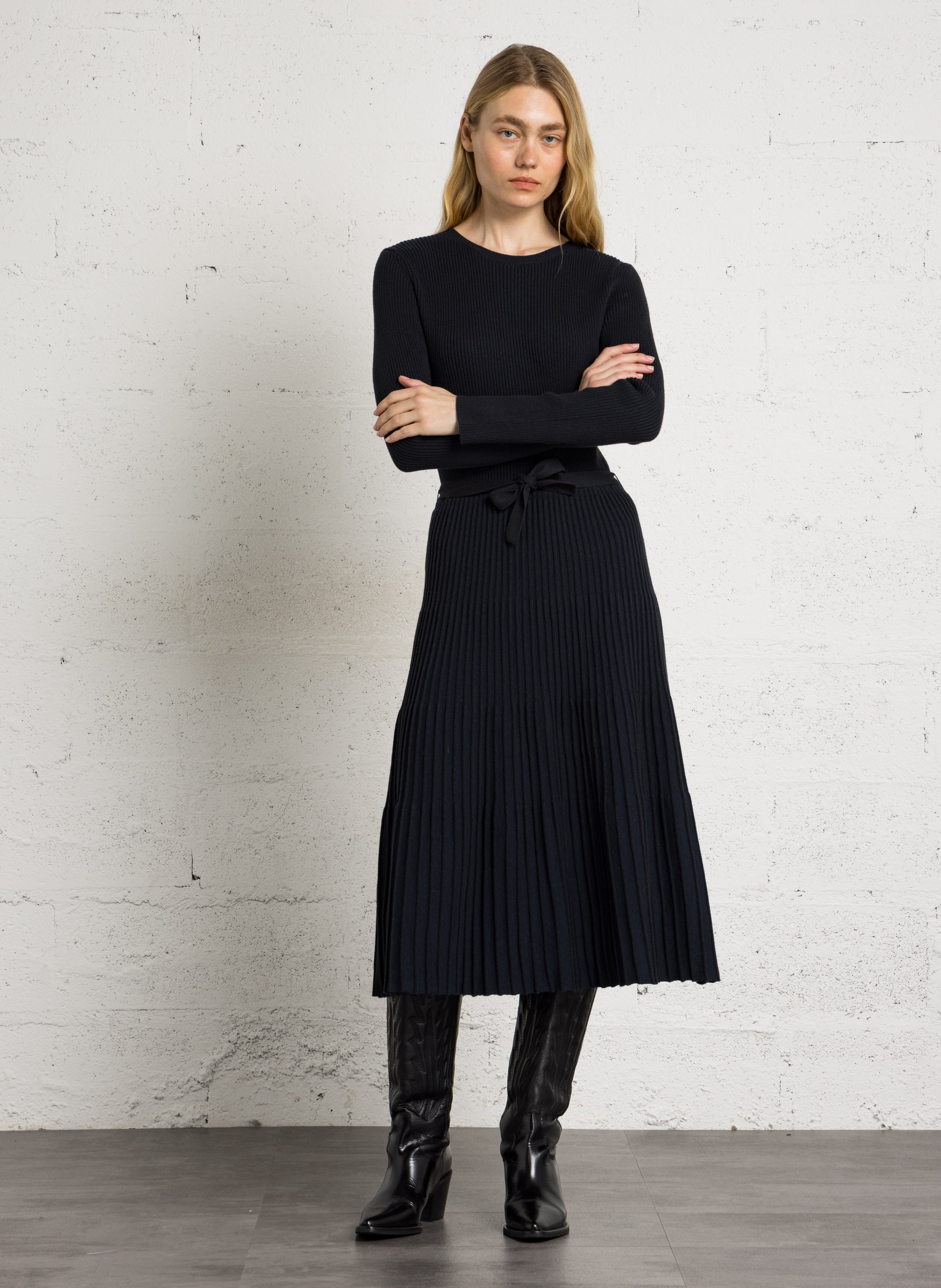 Halflange jurk met ceintuur - katoenblend MAISON 123 Blauw
