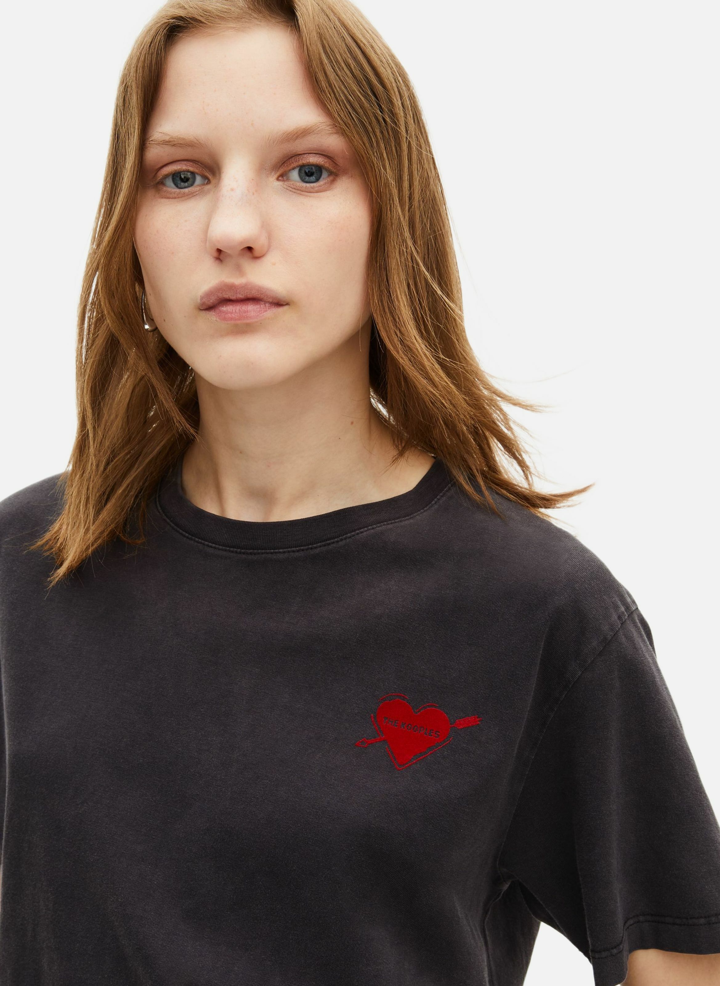 Straight fit T-shirt with heart print. THE KOOPLES Black