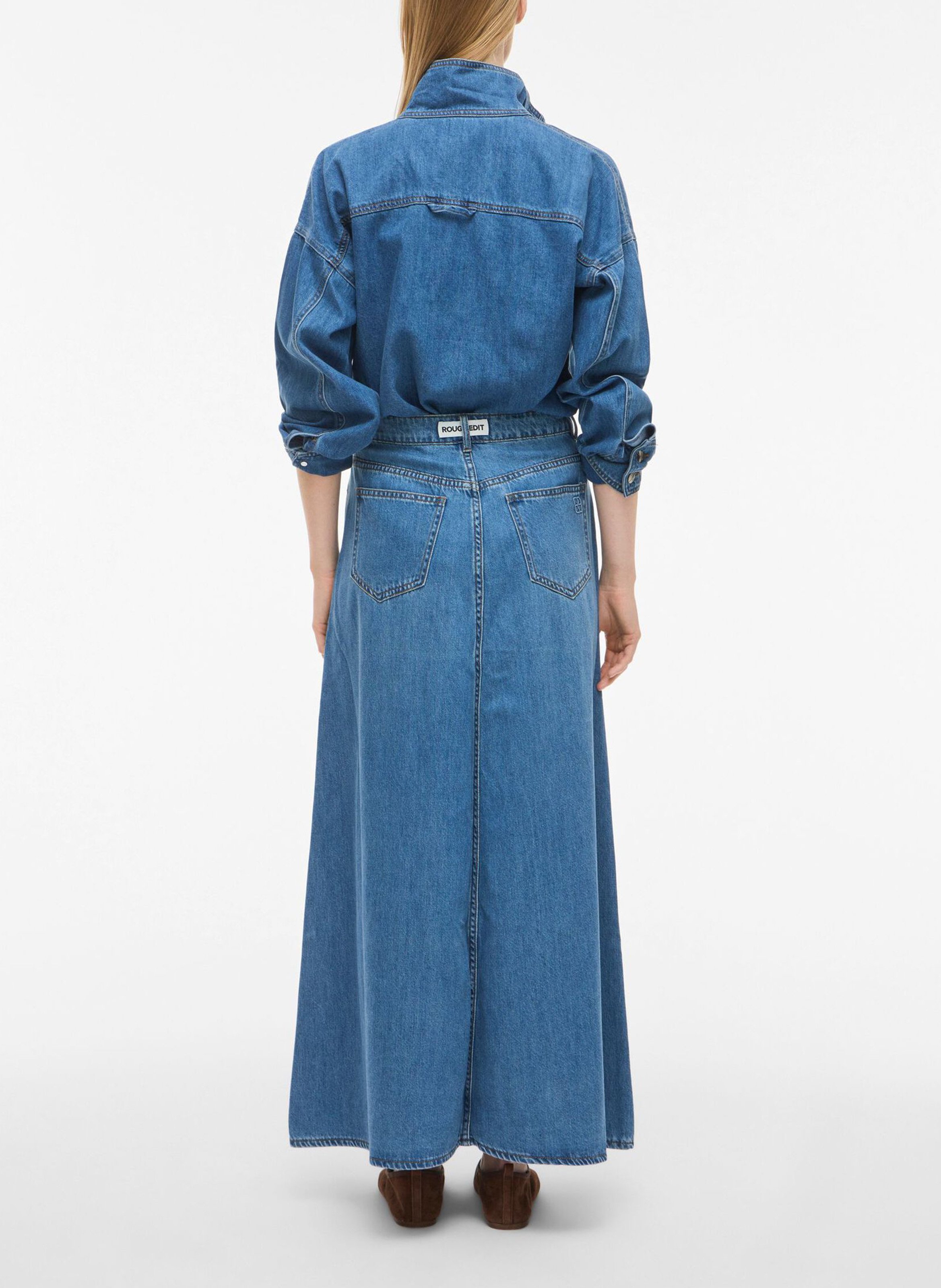 Jupe longue évasée en denim de coton mélangé ROUGE EDIT Bleu