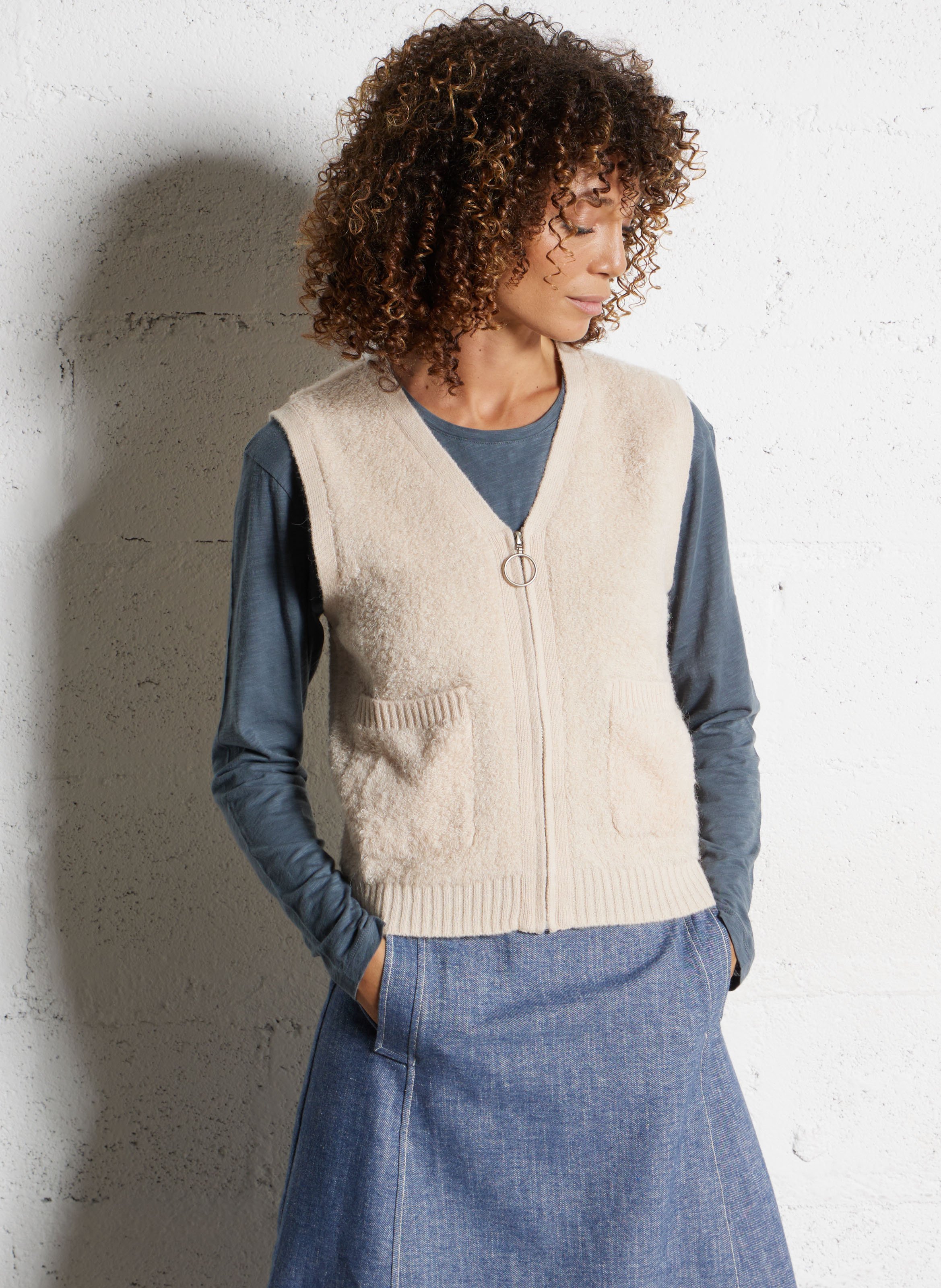 Gilet droit col V en laine mélangée BENSIMON Blanc