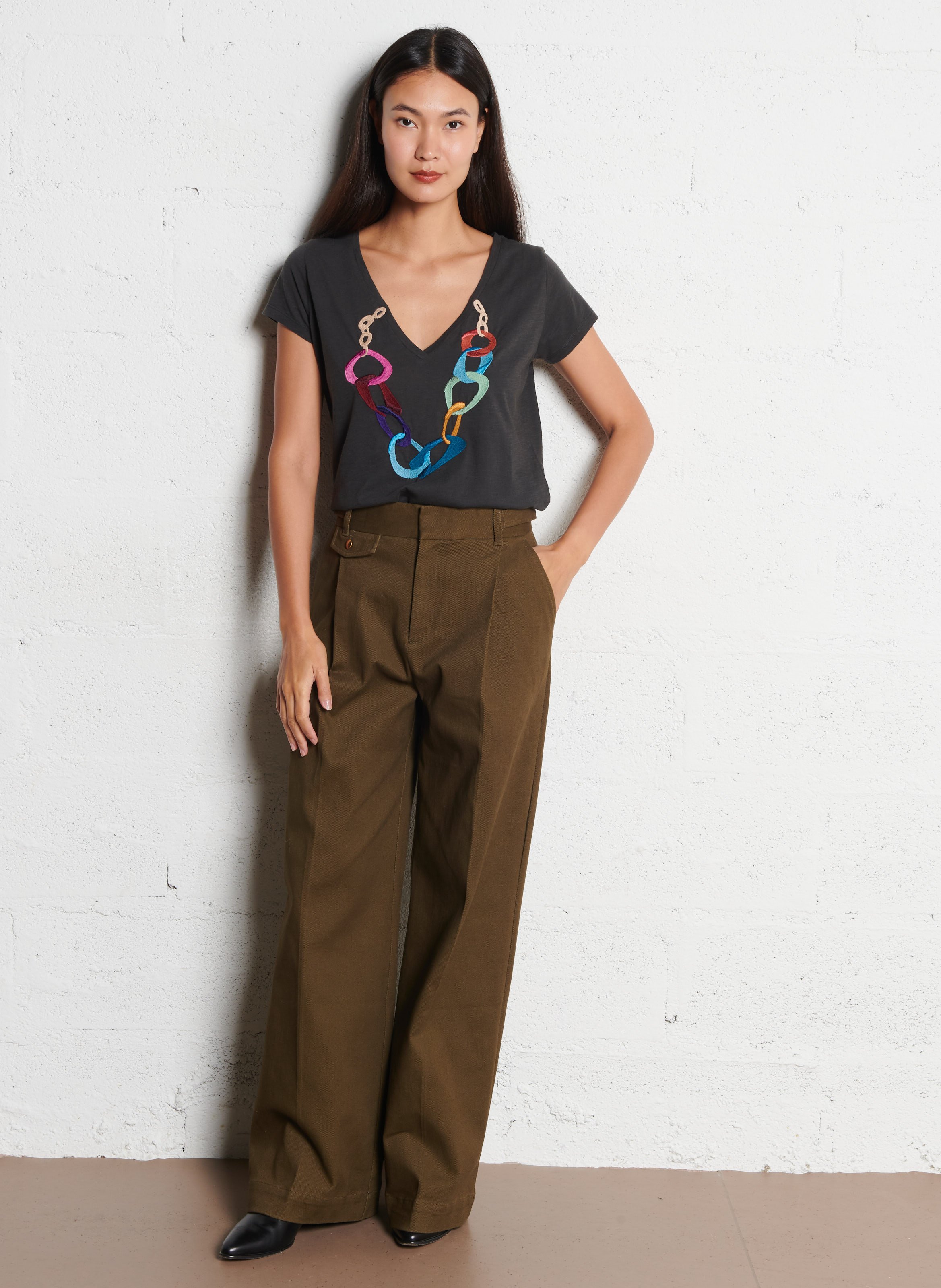 T-shirt van biokatoen met V-hals LEON & HARPER Grijs